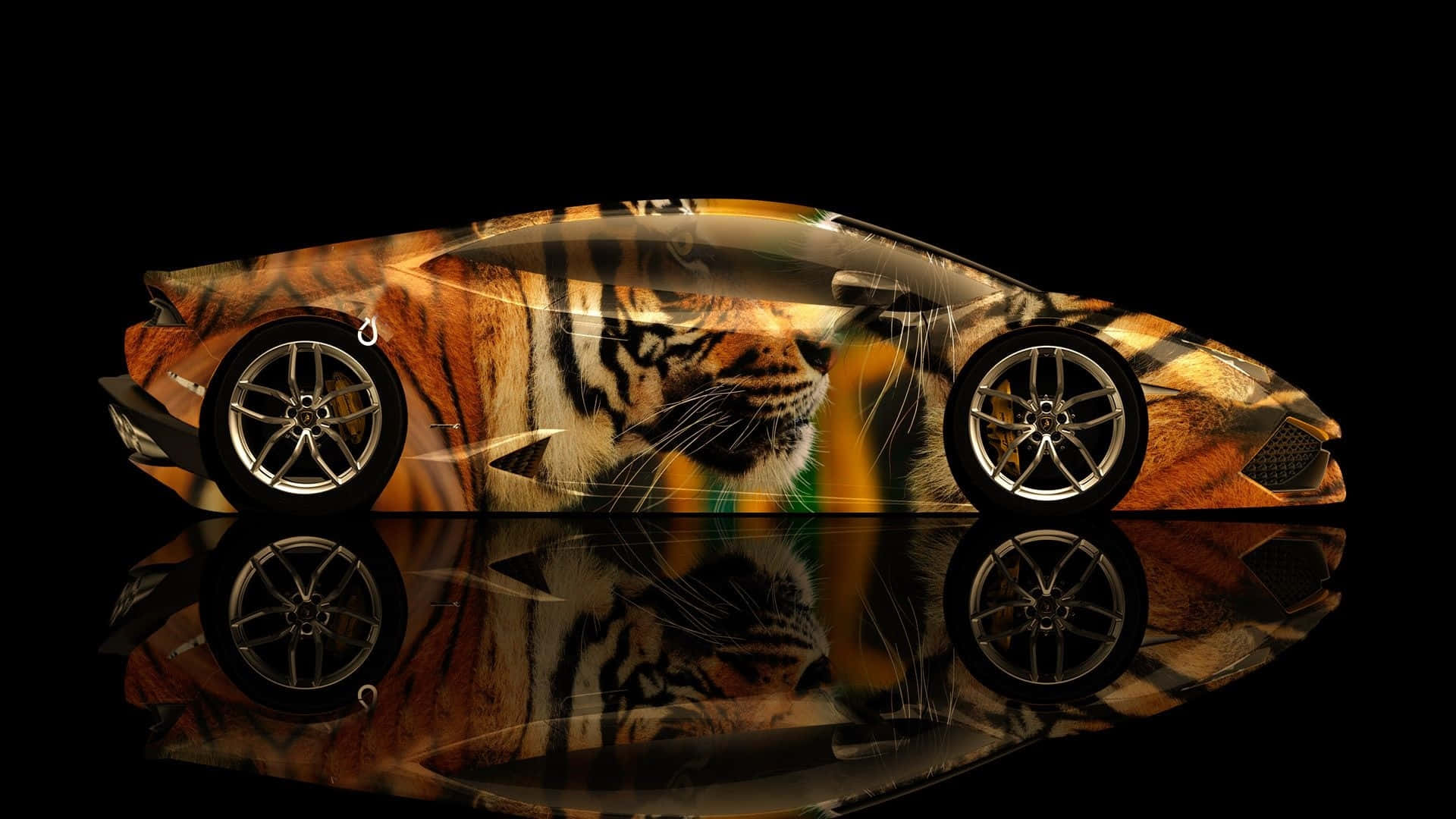 Futuristic Red Sports Car Concept, tiger face wrap, glossy reflection, Full HD Desktop Wallpaper