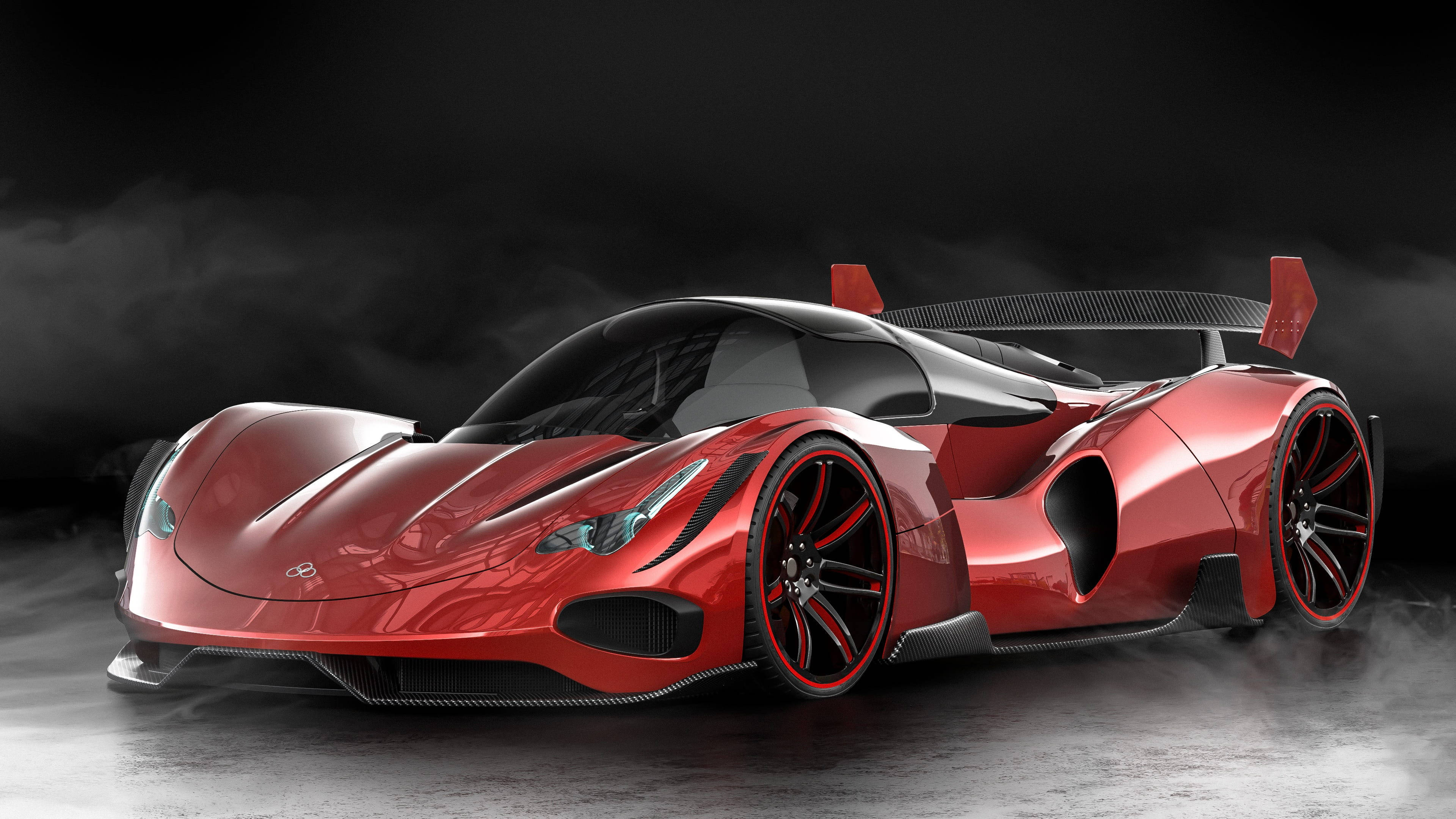 red hypercar, black accents, glowing wheels, 4K Desktop Wallpaper