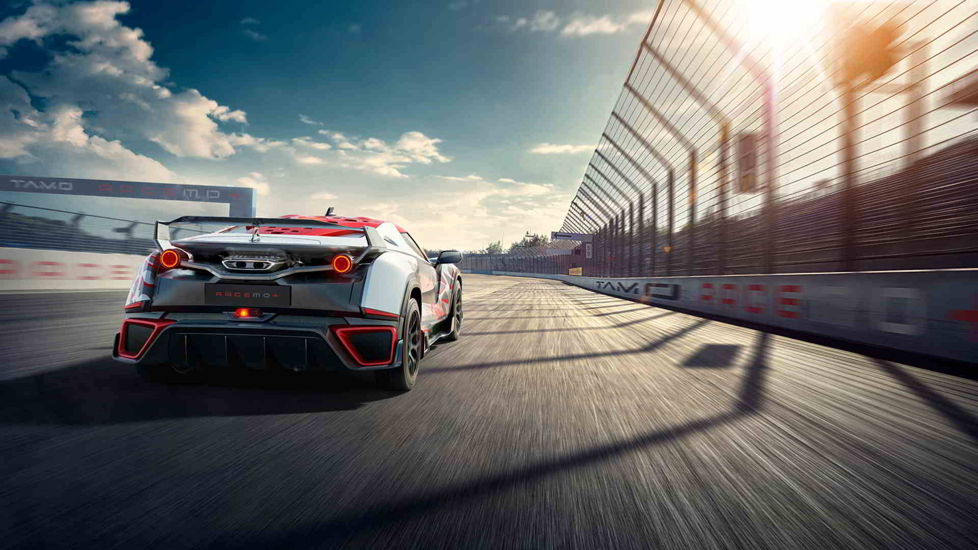 silver and red race car, sunlit track, motion blur, Full HD Desktop Wallpaper