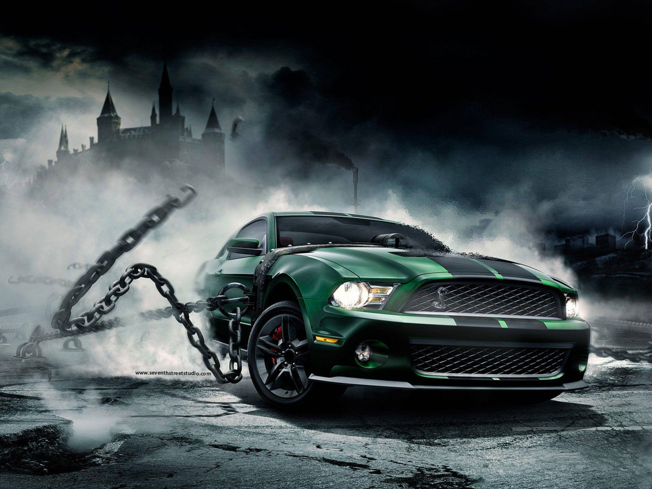 green Ford Mustang, glowing headlights, massive chain, 2K Desktop Wallpaper