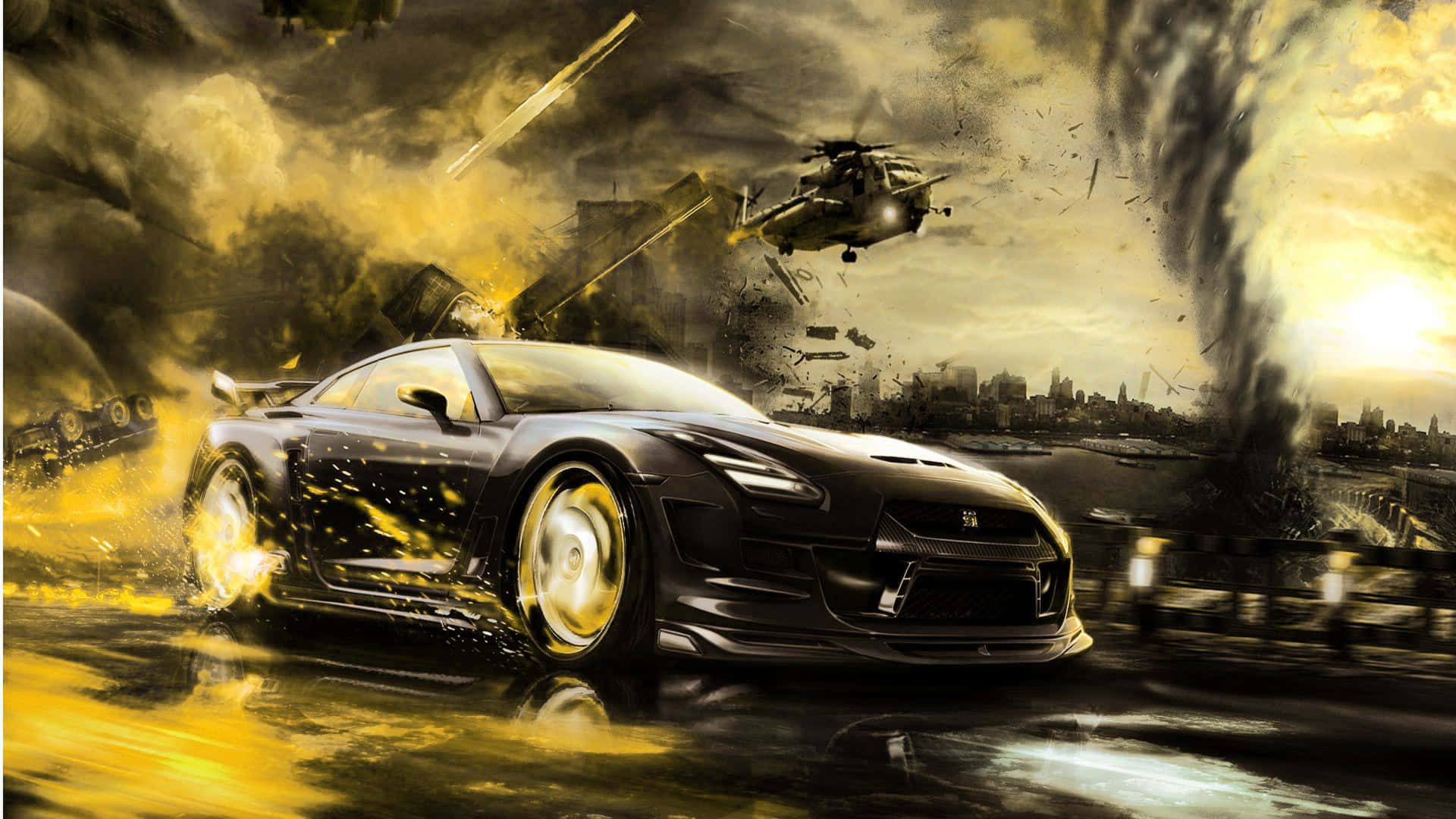 black sports car, chaotic urban battlefield, explosions, Full HD Desktop Wallpaper