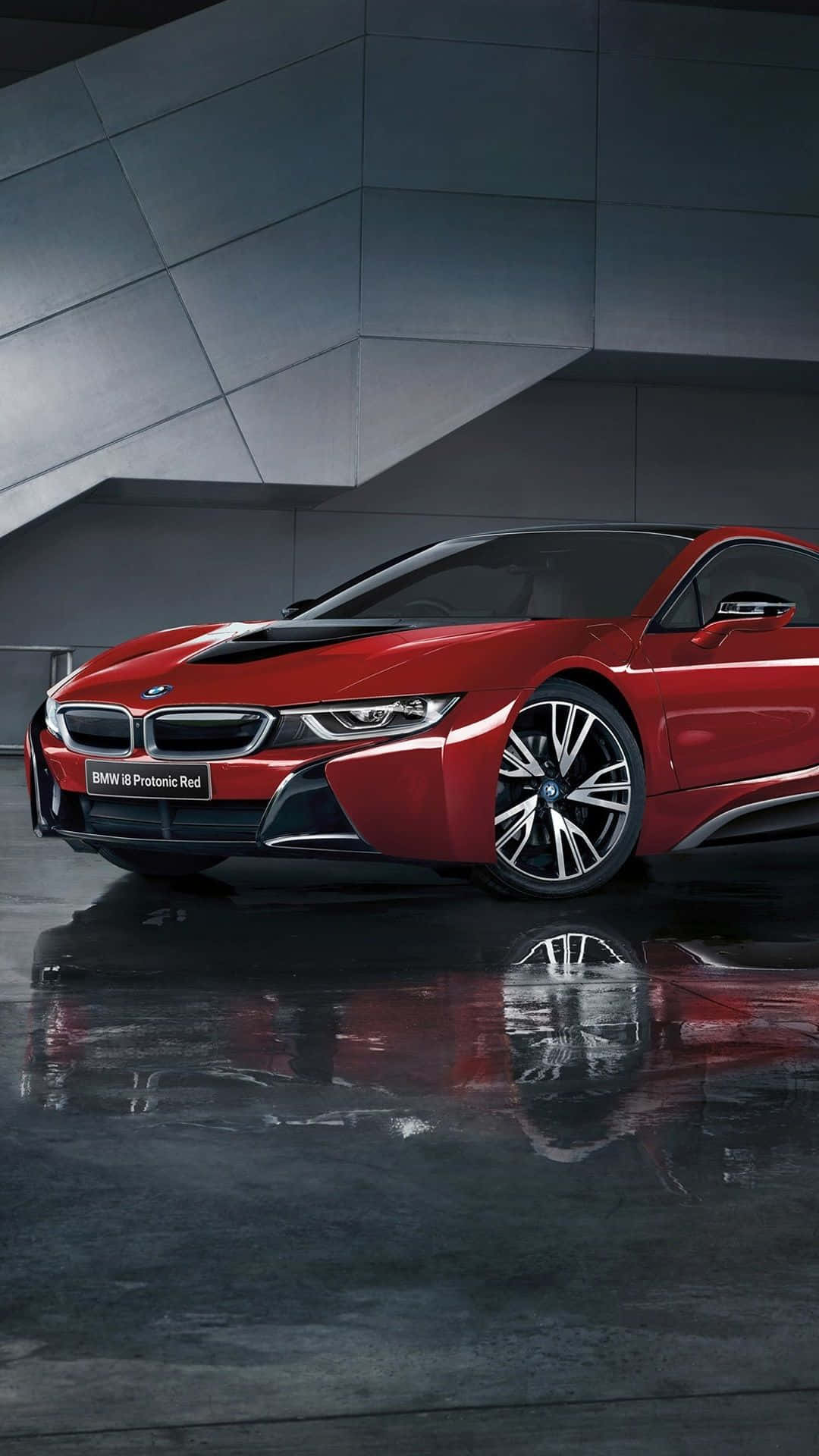 red BMW i8, studio lights, wet polished floor, Full HD Phone Wallpaper