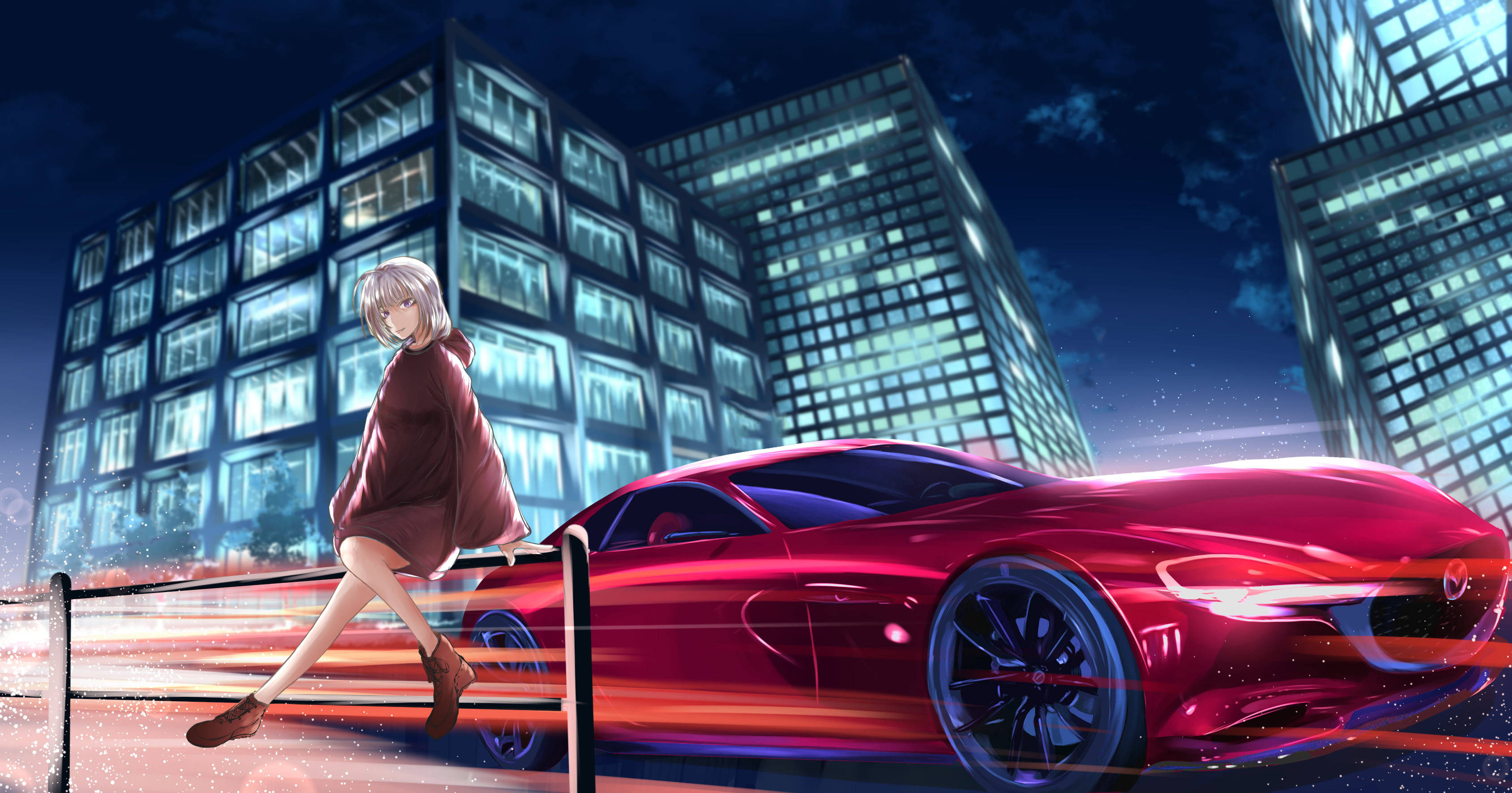 red Mazda, anime girl, glowing red sports car, 2K Desktop Wallpaper