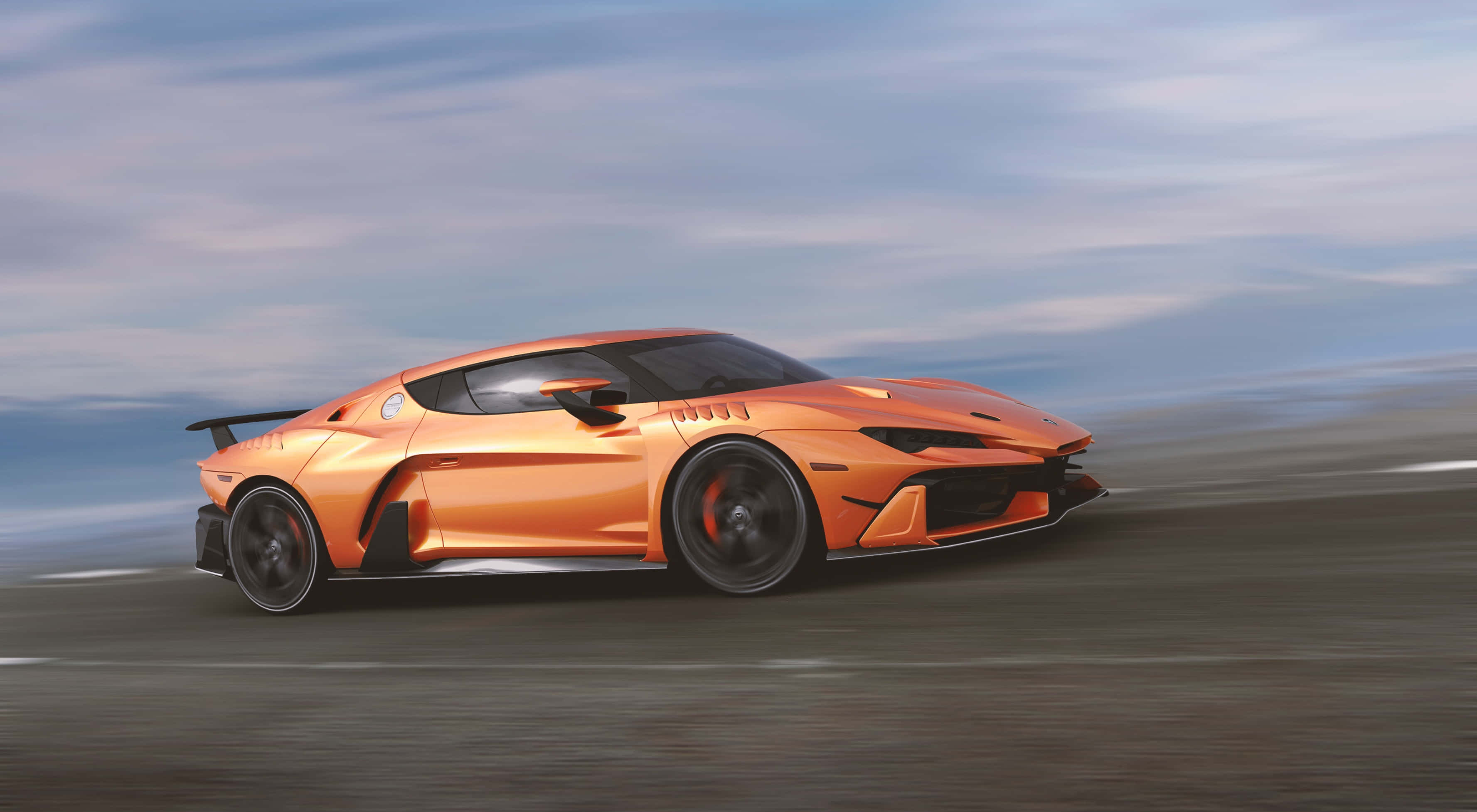 orange supercar, blurred desert road, soft blue sky, 2K Desktop Wallpaper