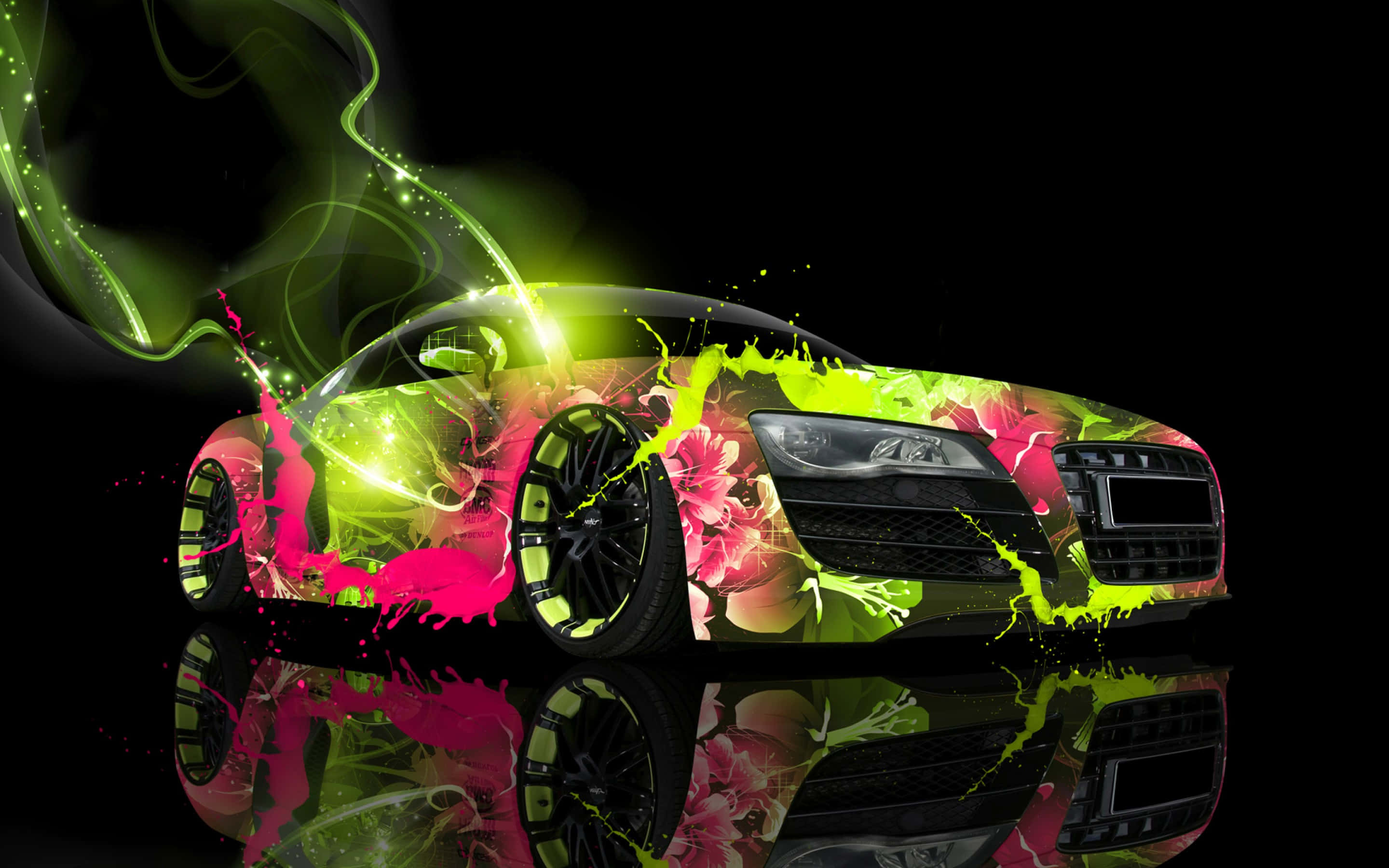 neon green, pink floral splashes, black background, 2K Desktop Wallpaper