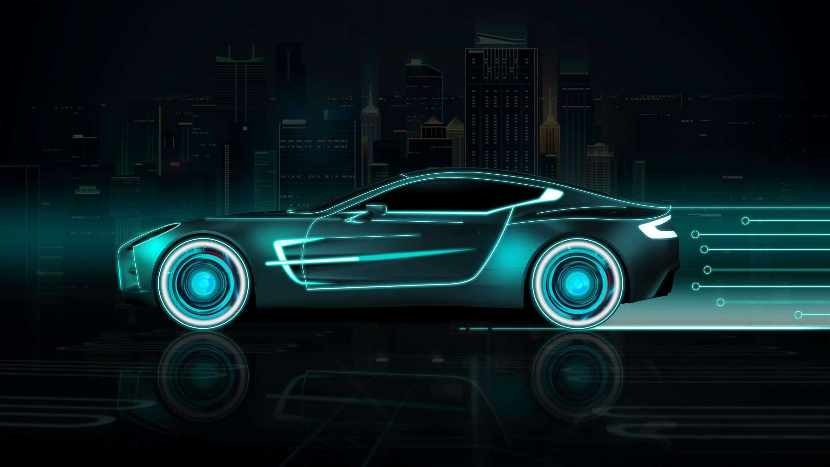 futuristic sports car, neon teal lines, dark city skyline, 2K Desktop Wallpaper