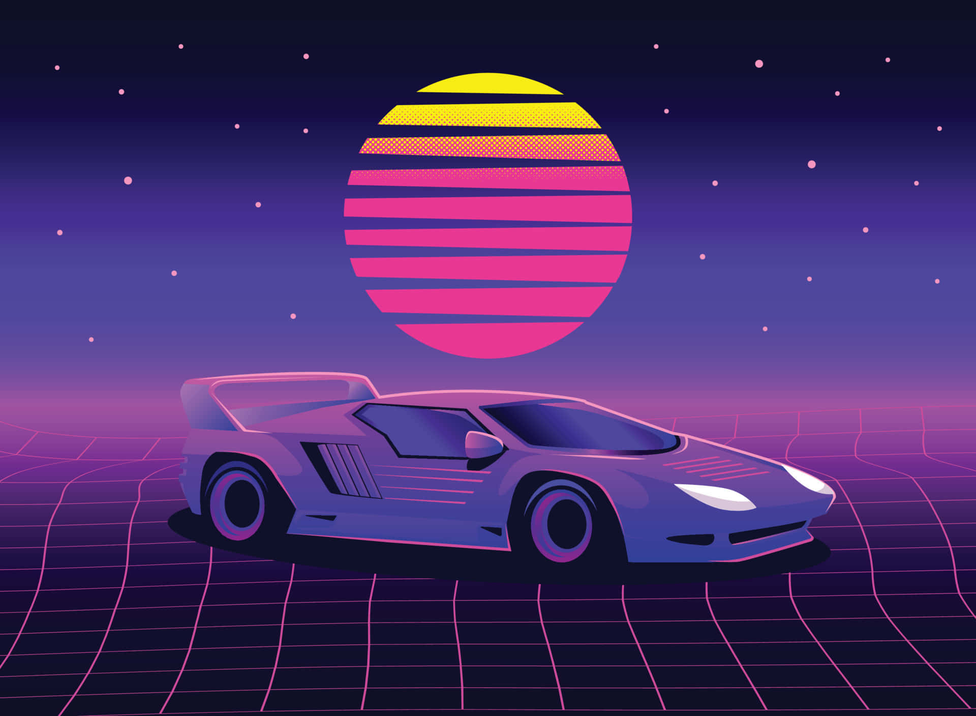 retro neon sports car, purple sports car, glowing grid, Full HD Desktop Wallpaper
