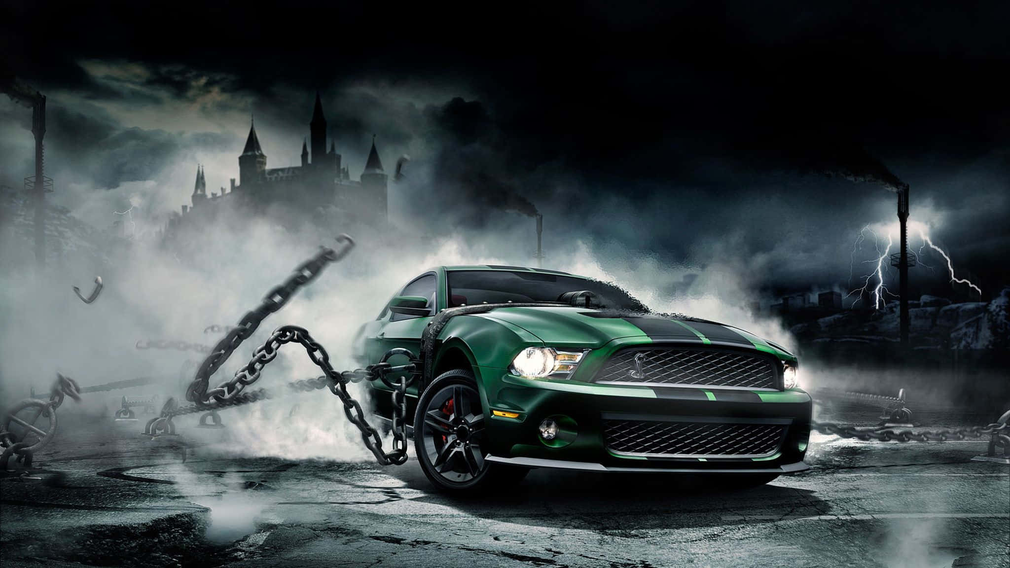 green muscle car, stormy industrial wasteland, gothic castle, Full HD Desktop Wallpaper