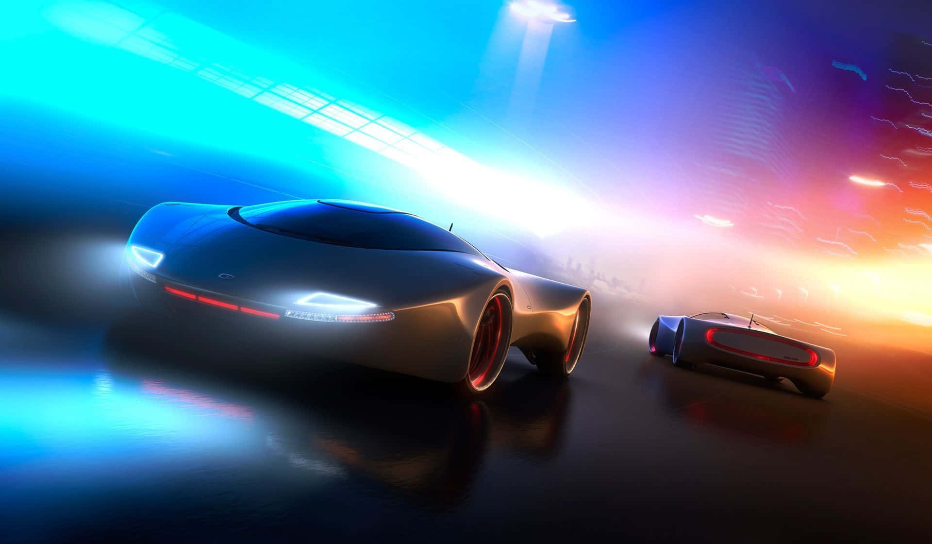 futuristic car concepts, neon lights, wet reflective track, Full HD Desktop Wallpaper
