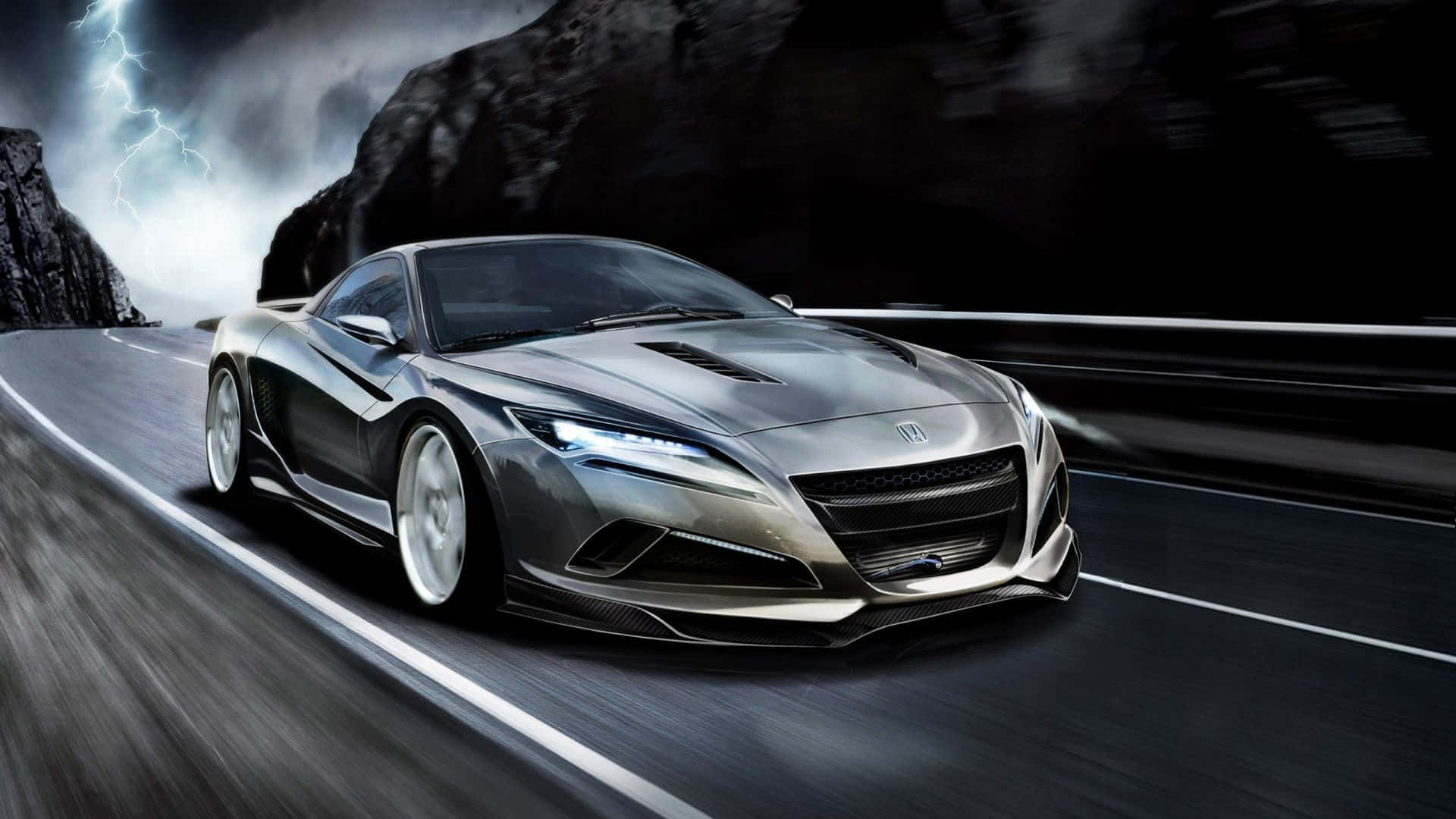 sleek silver sports car, winding mountain road, stormy sky, Full HD Desktop Wallpaper