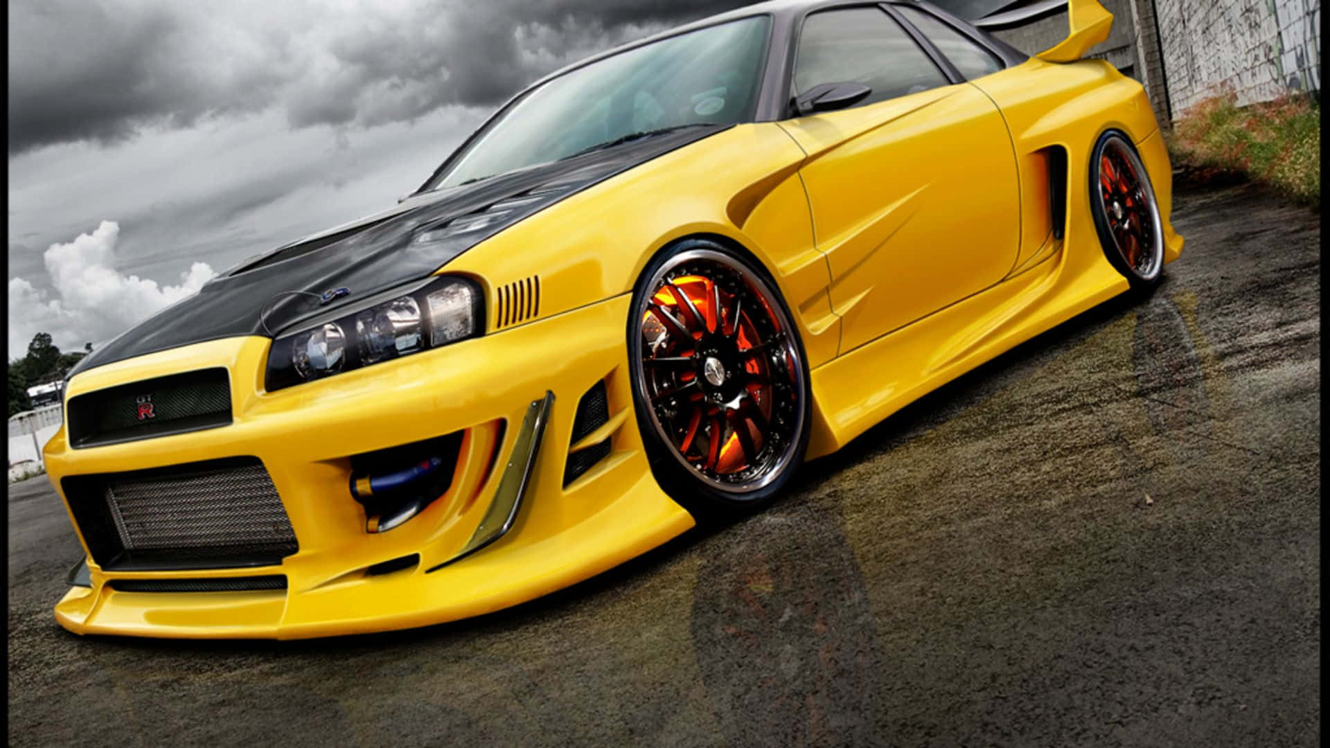 yellow sports car, modified sports car, red brake calipers, Full HD Desktop Wallpaper