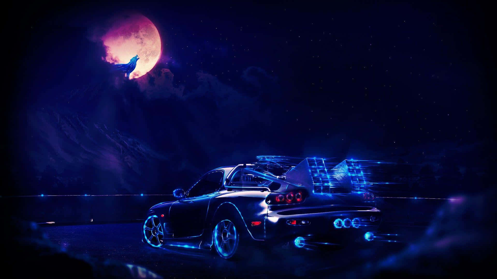 glowing blue sports car, motion trails, massive red moon, Full HD Desktop Wallpaper