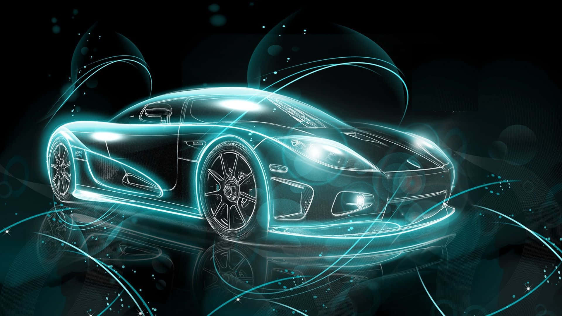 glowing cyan sports car, neon outlines, swirling energy lines, Full HD Desktop Wallpaper