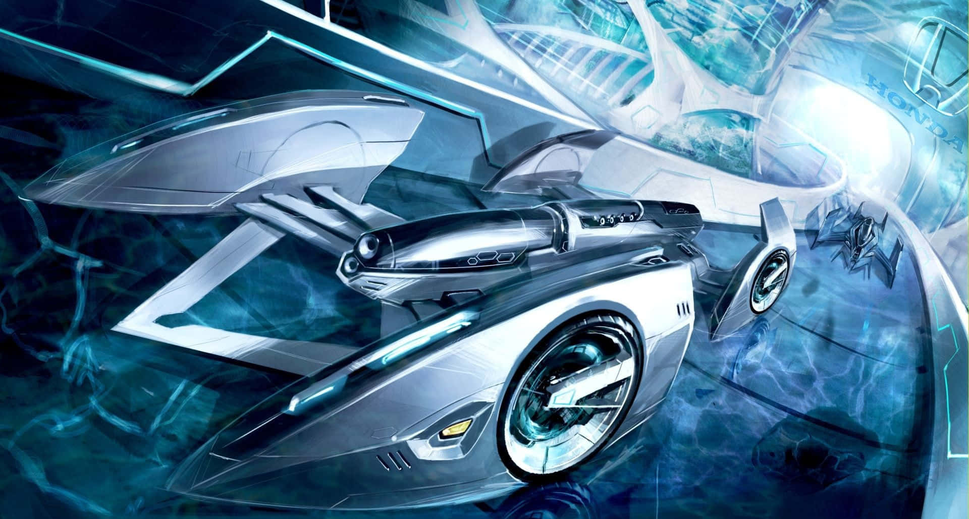 futuristic silver speedster, glowing blue accents, neon-lit cyberpunk tunnel, Full HD Desktop Wallpaper