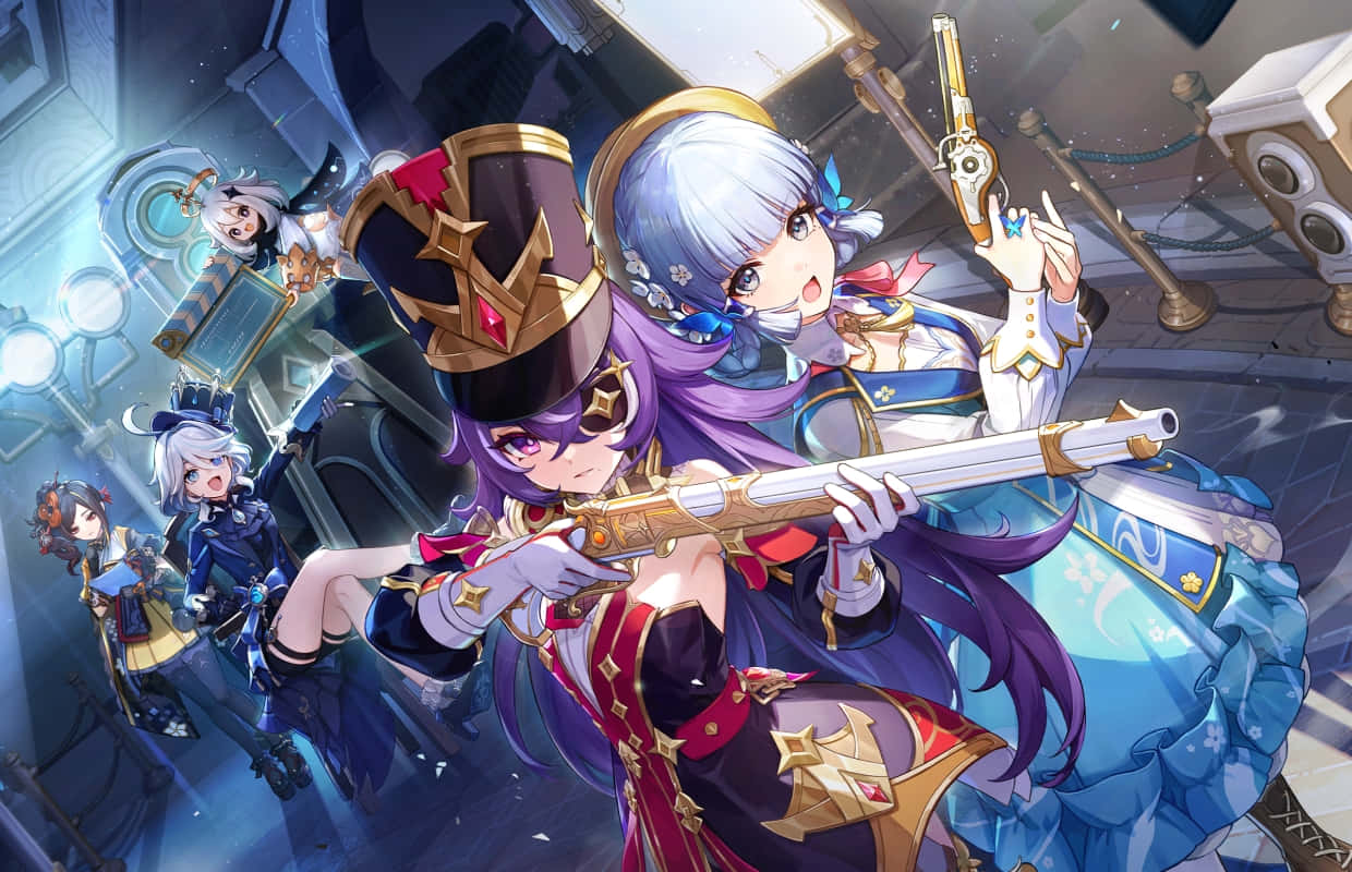 purple-haired girl, ornate armor, large pistol, SD Desktop Wallpaper