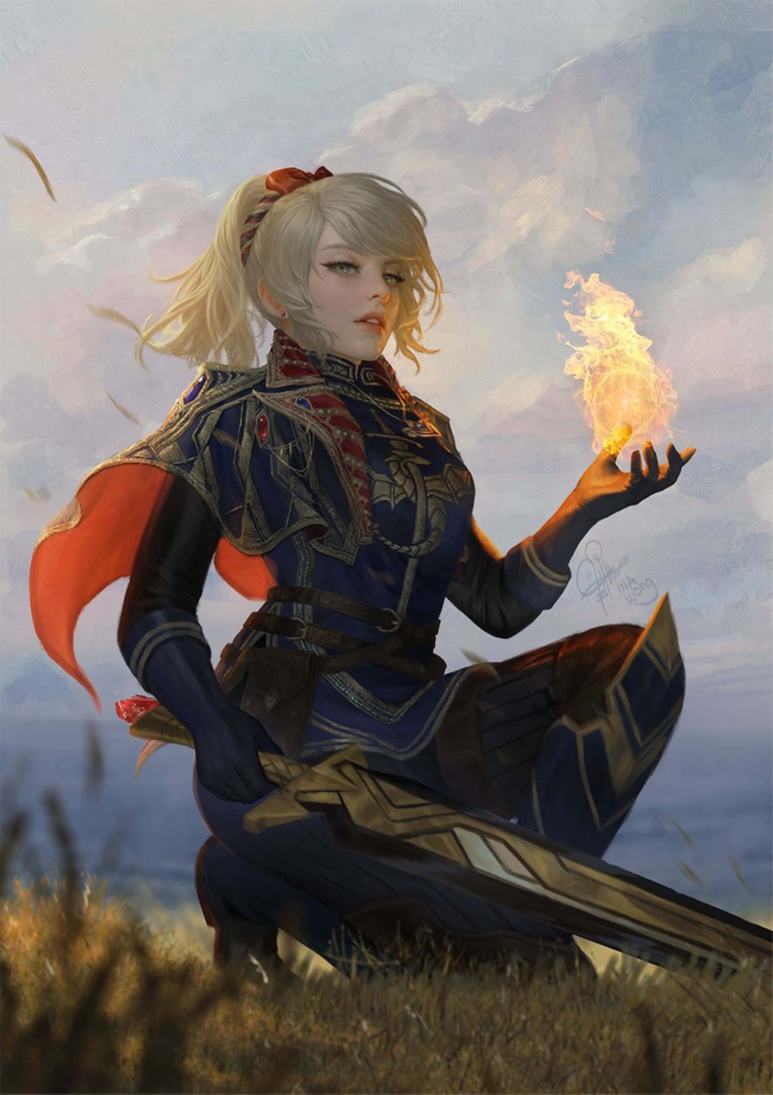 blonde warrior, blue armor, flame, 2K Phone Wallpaper