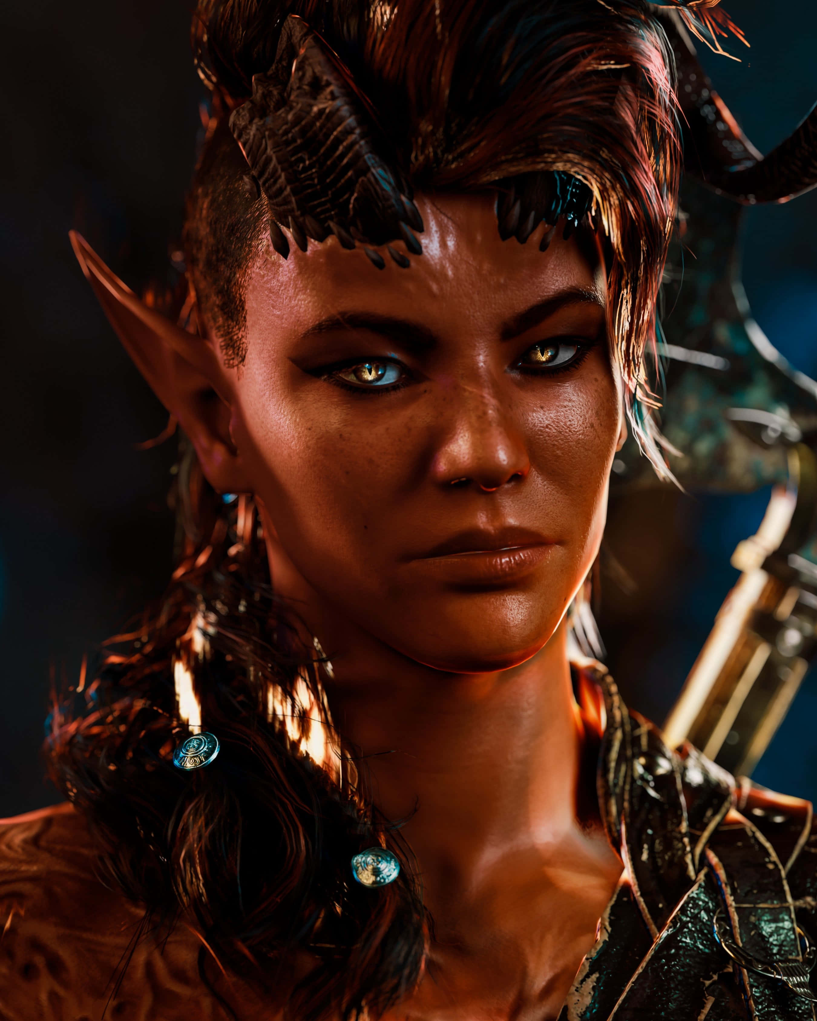 fantasy elf warrior, glowing blue eyes, dark horns, 2K Phone Wallpaper