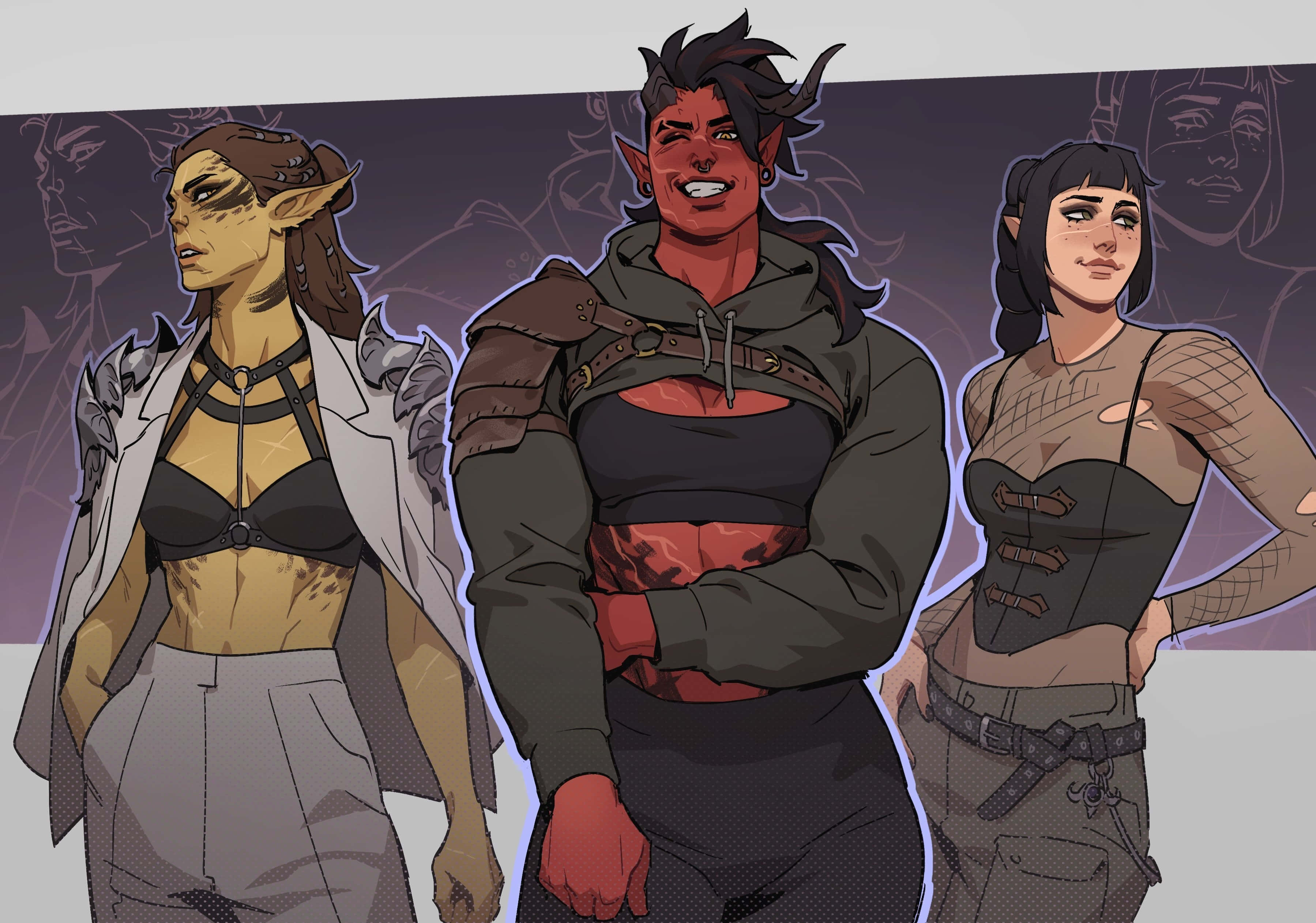 fantasy trio, pointed ears, tattoos, 2K Desktop Wallpaper