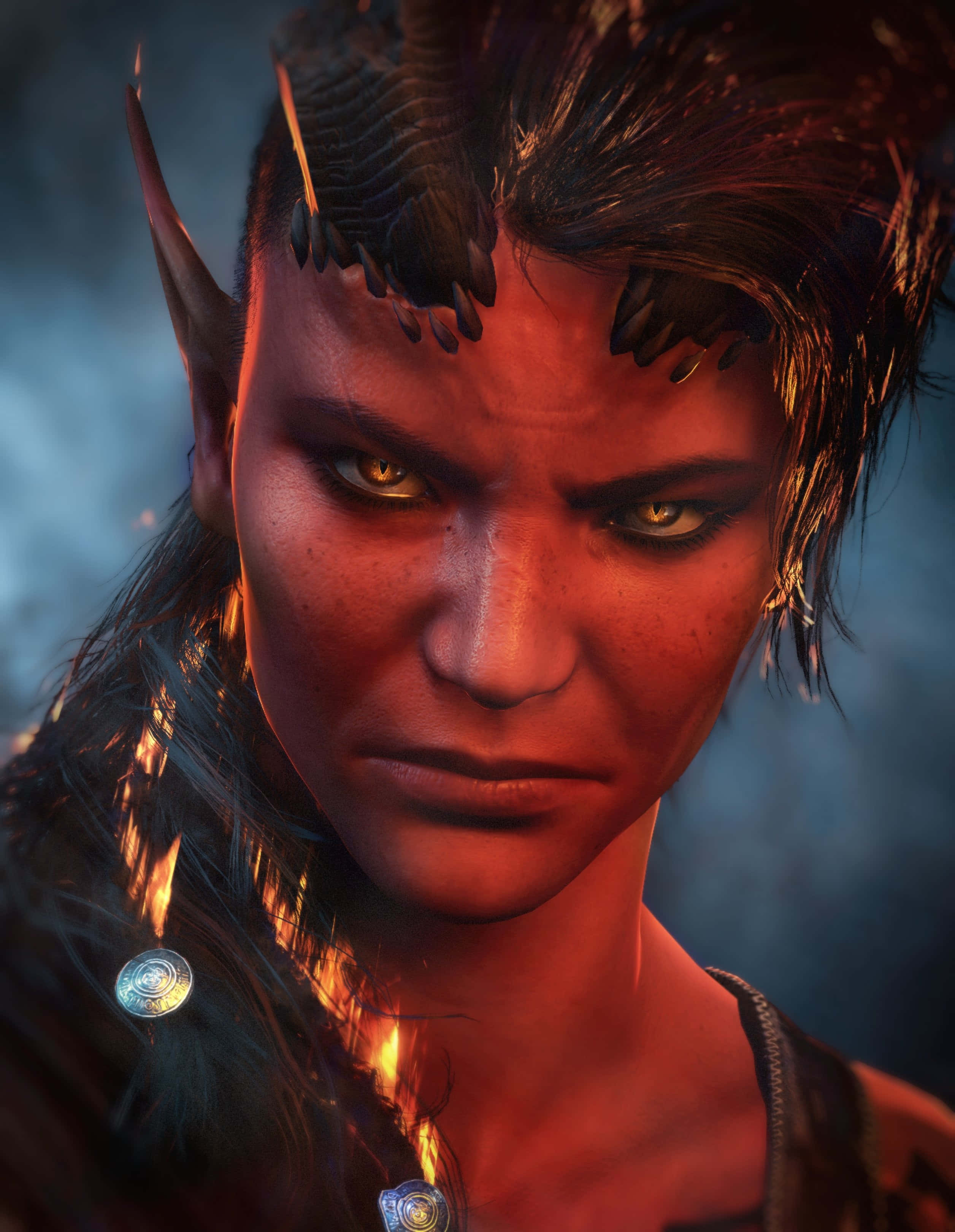 fierce demonic woman, glowing yellow eyes, fiery red skin, 2K Phone Wallpaper