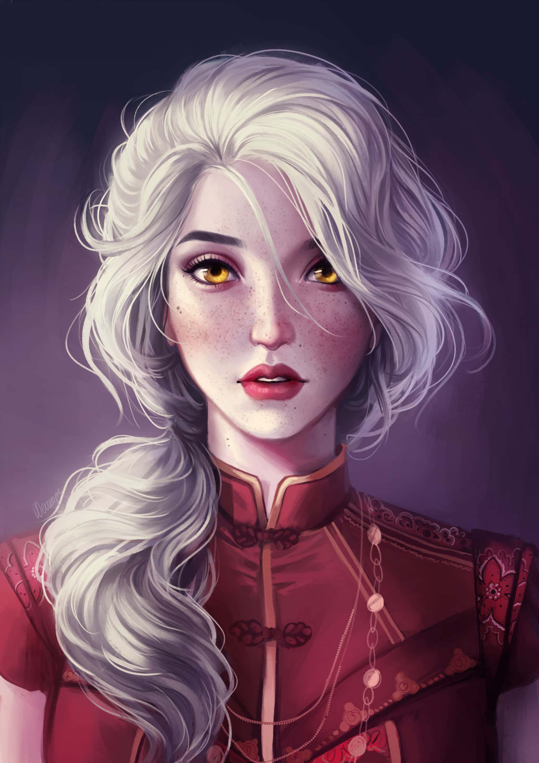captivating wizard, anime-style portrait, woman with flowing silver hair, 2K Phone Wallpaper
