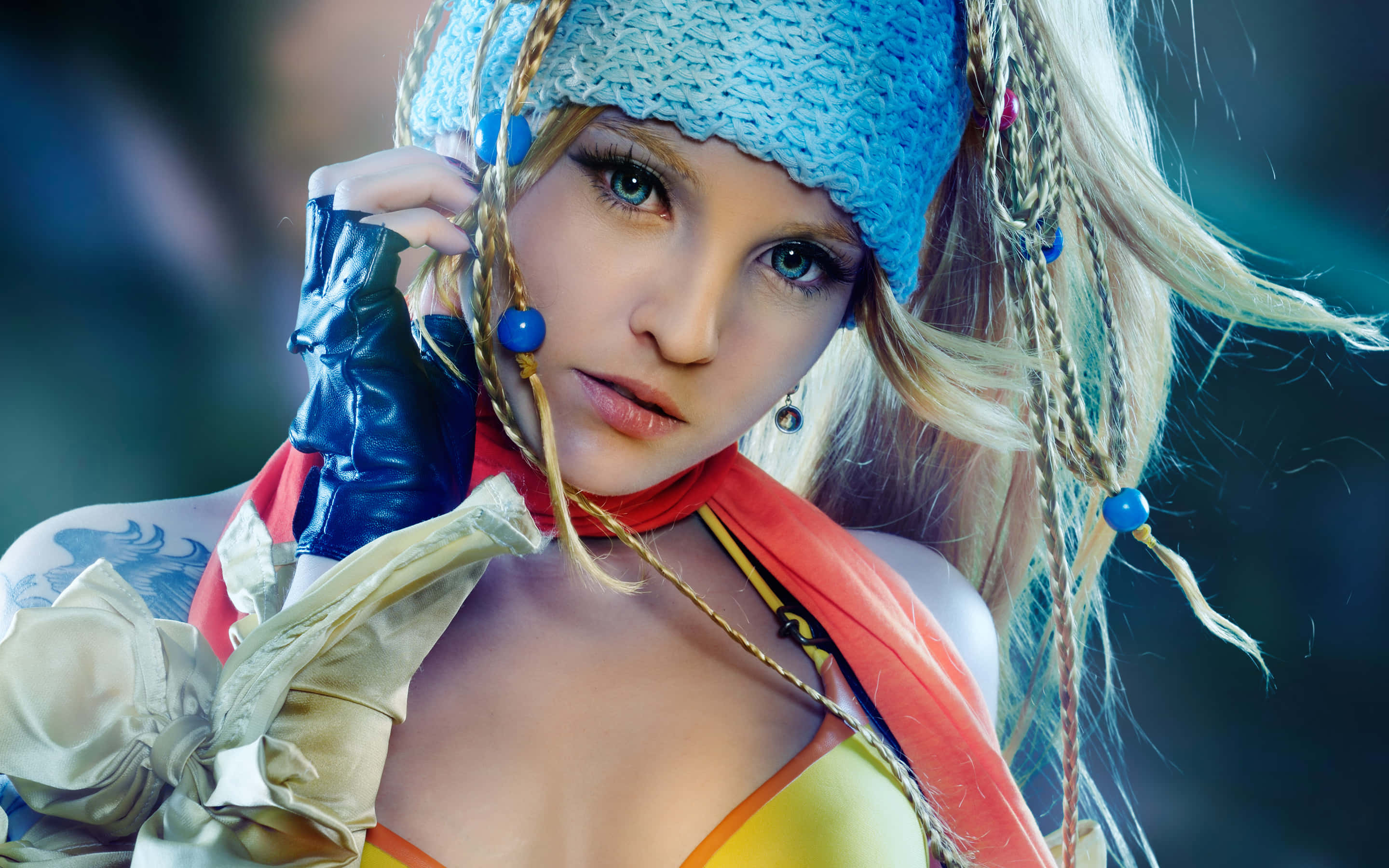 colorful fantasy cosplay portrait, blonde braided hair, blue beaded accessories, 2K Desktop Wallpaper