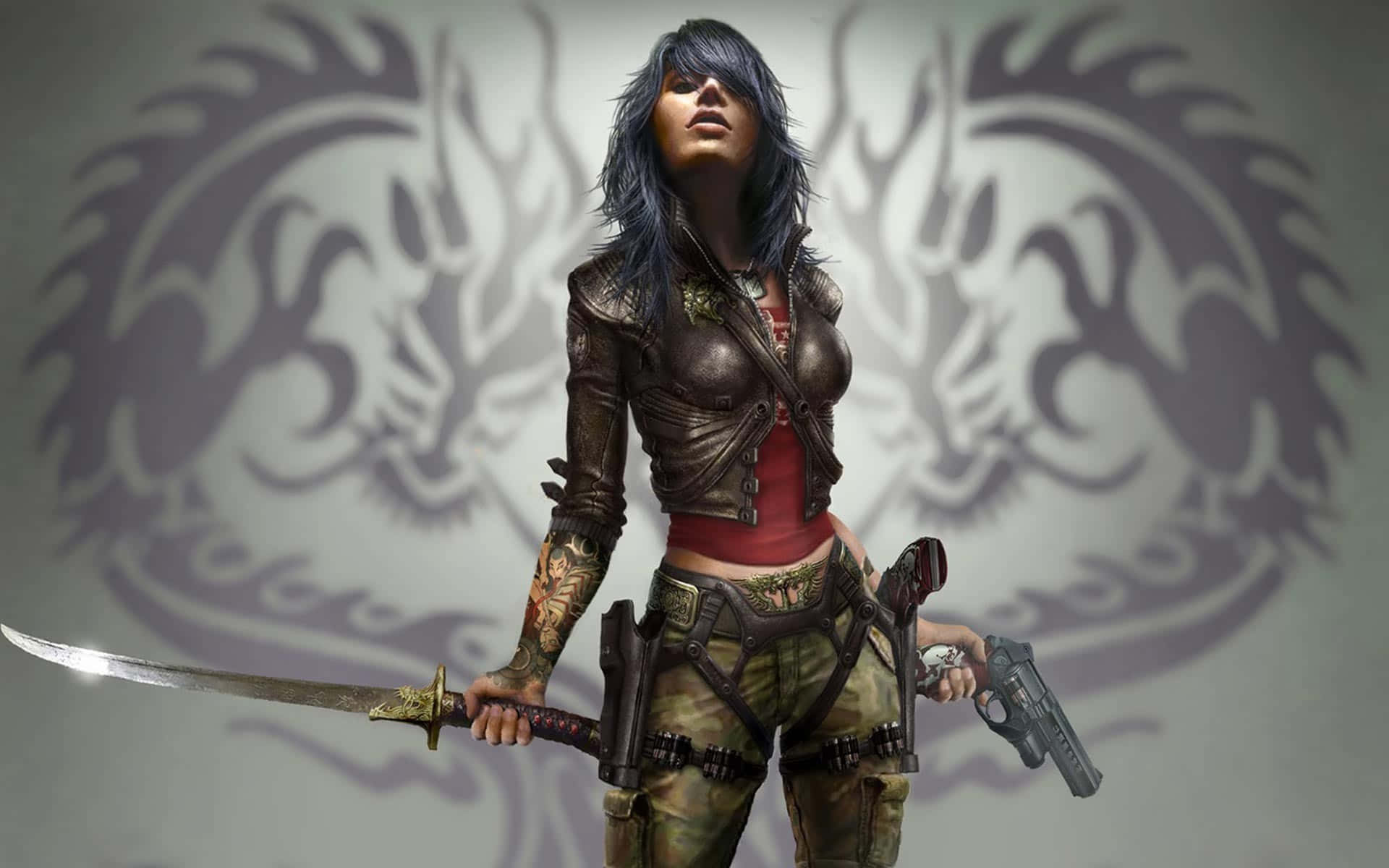 fantasy warrior woman, blue hair, sword, Full HD Desktop Wallpaper