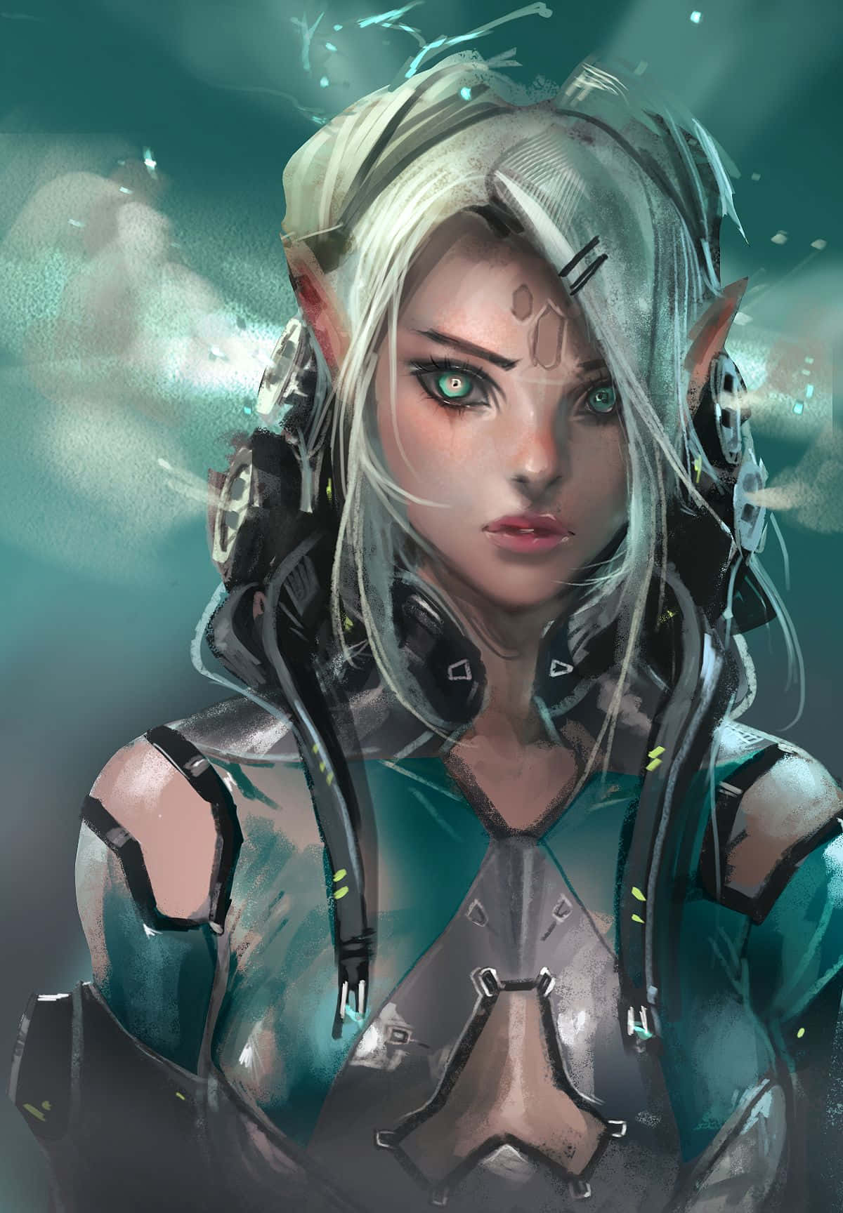 cybernetic elf warrior, glowing green eyes, white hair, HD Phone Wallpaper