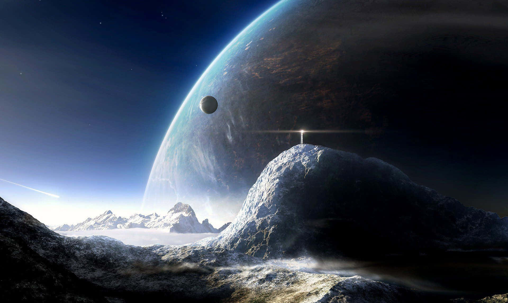 Fantasy Space, snow-capped mountain peak, vast alien planet, Full HD Desktop Wallpaper