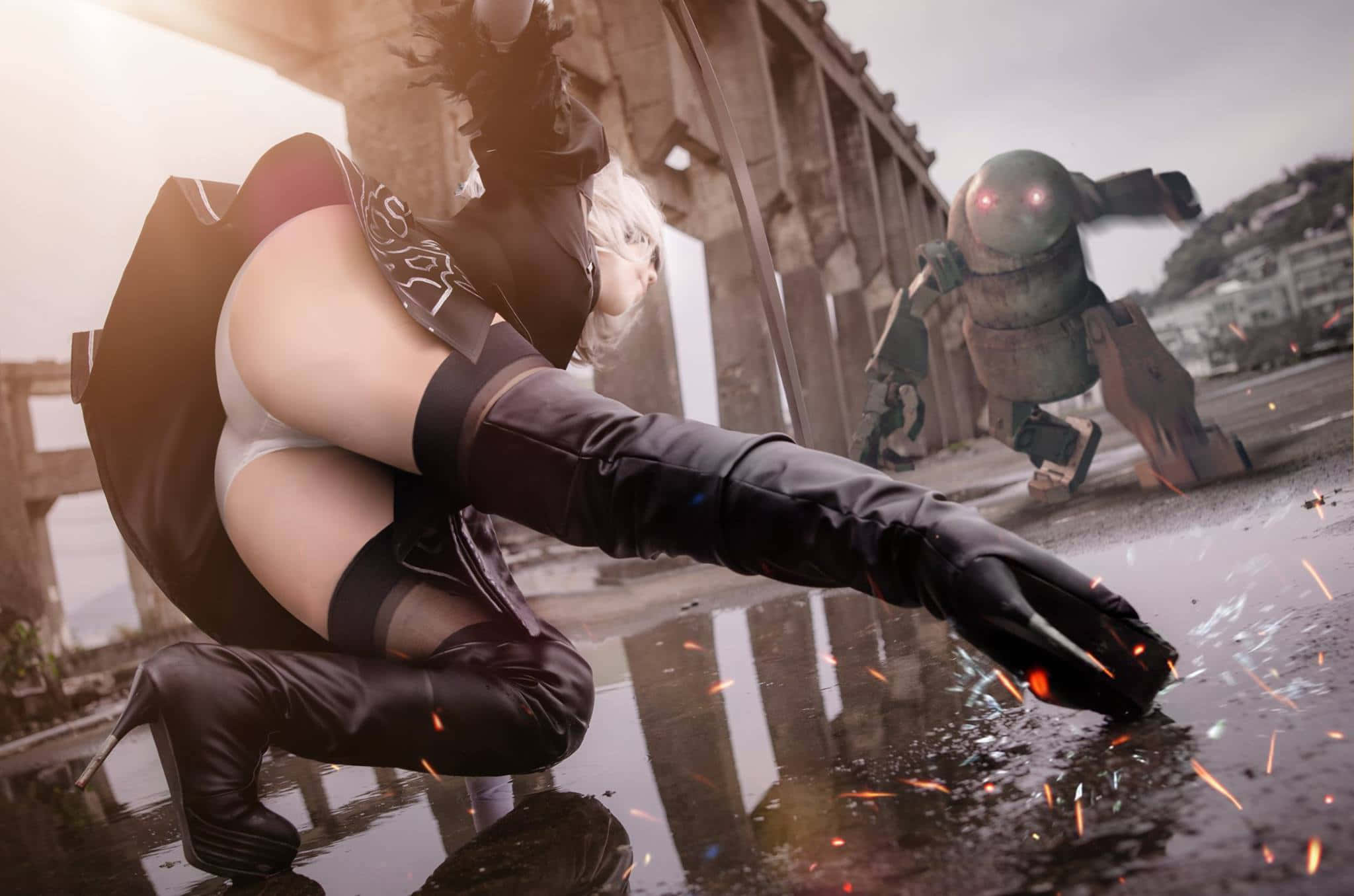2B, black leather outfit, gloved hand, Full HD Desktop Wallpaper
