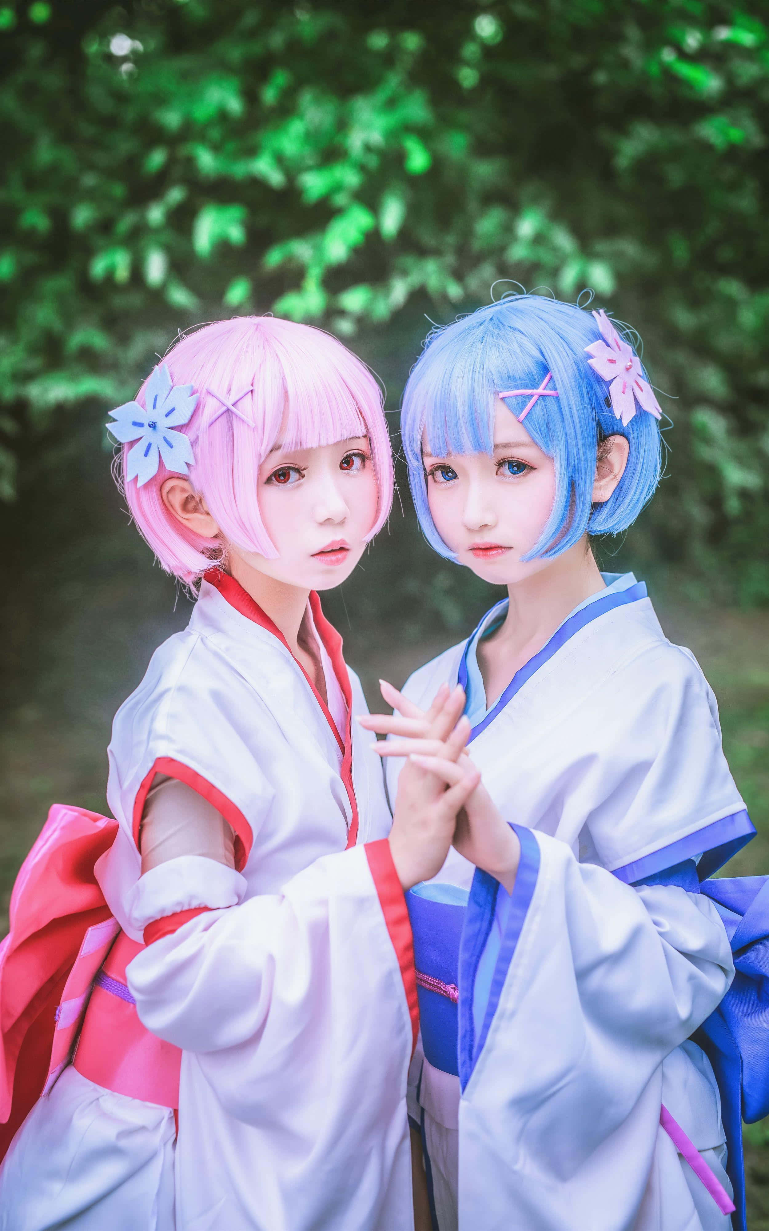 anime inspired cosplay duo, pink and blue bob wigs, traditional robes, 4K Phone Wallpaper