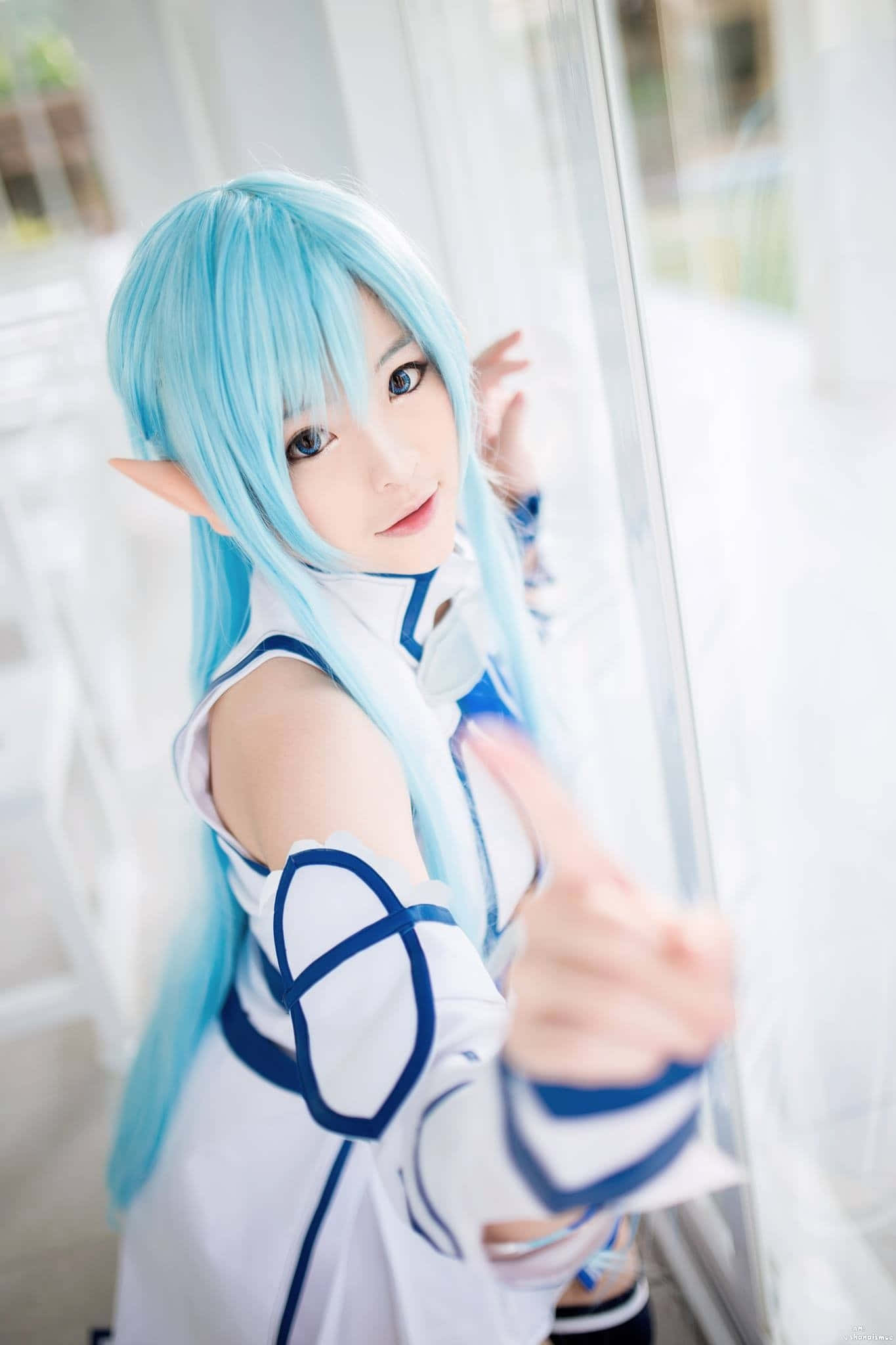 blue haired elf cosplayer, vibrant blue hair, elf ears, Full HD Phone Wallpaper