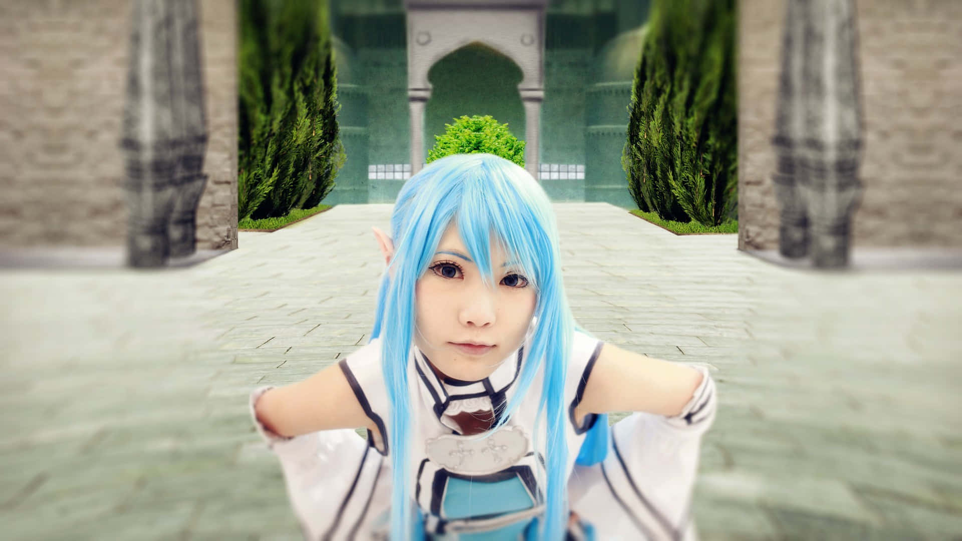 blue haired elf cosplay, fantasy setting, vibrant blue hair, Full HD Desktop Wallpaper