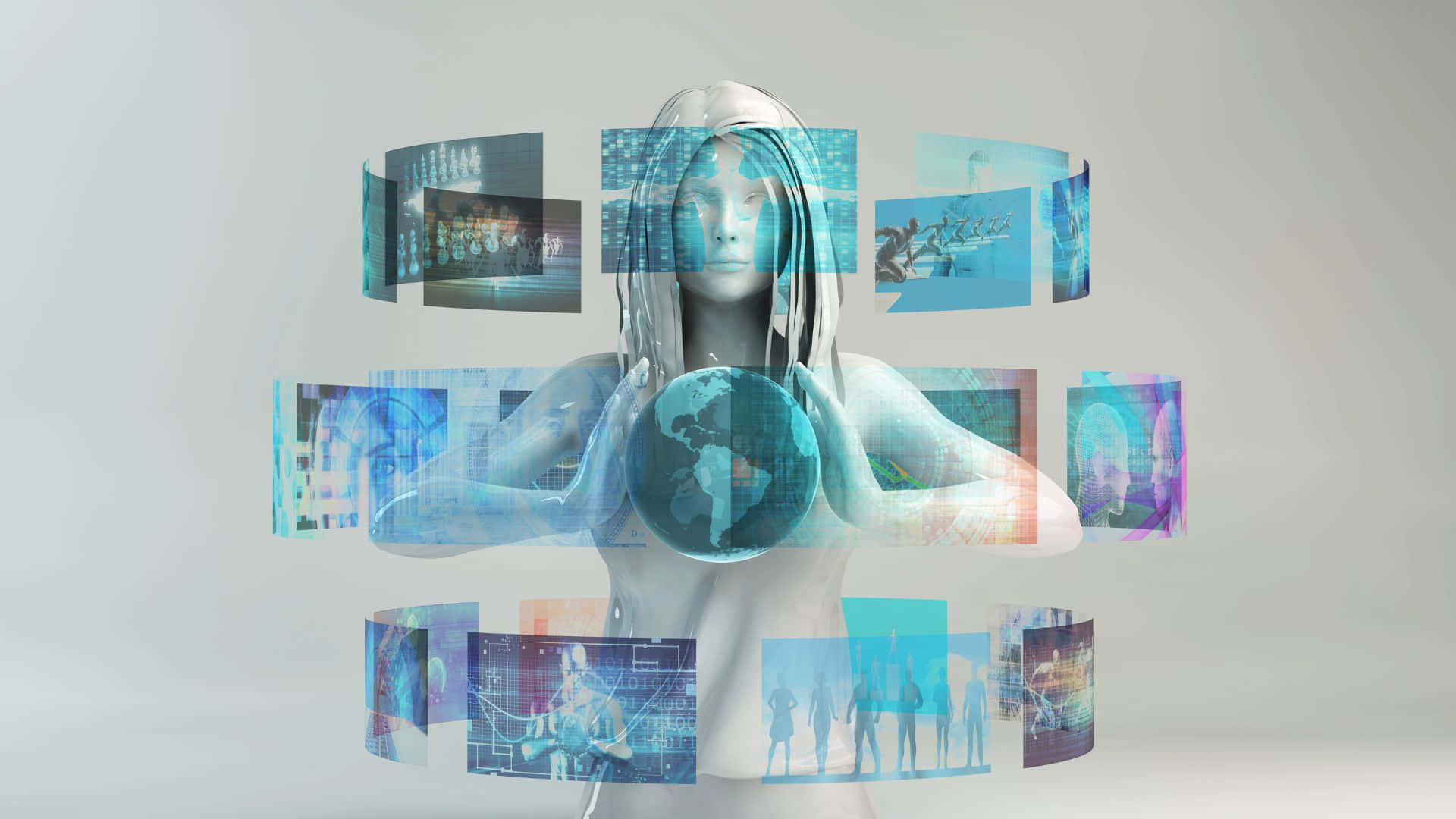 translucent humanoid figure, glowing globe, floating digital screens, Full HD Desktop Wallpaper