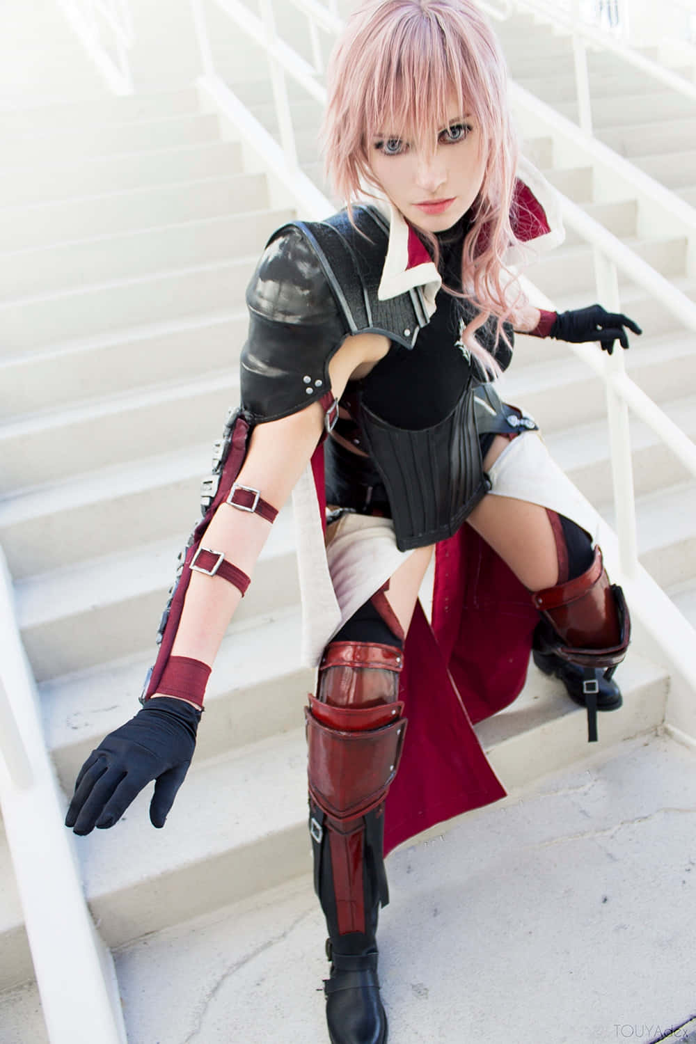 pink hair, red armor, white outdoor stairs, HD Phone Wallpaper