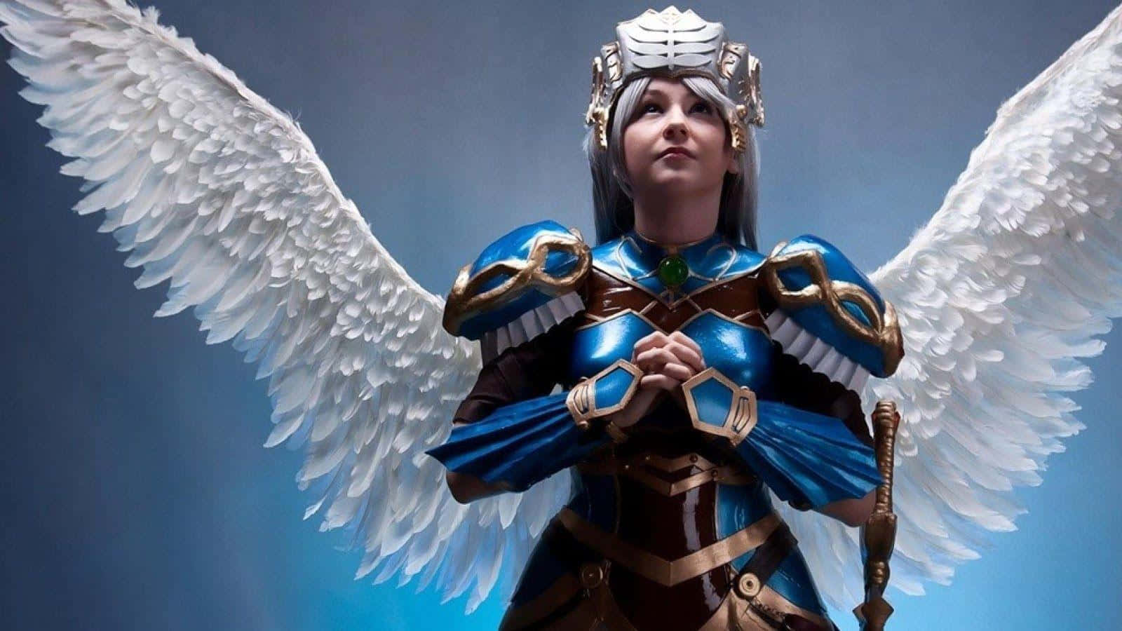 angelic warrior, blue and gold armor, large white wings, HD Desktop Wallpaper