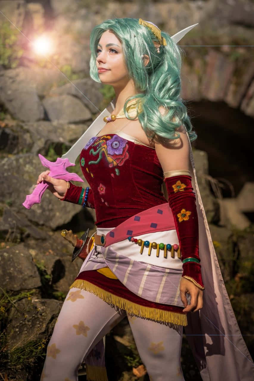 teal hair, pointed ears, pink sword, HD Phone Wallpaper