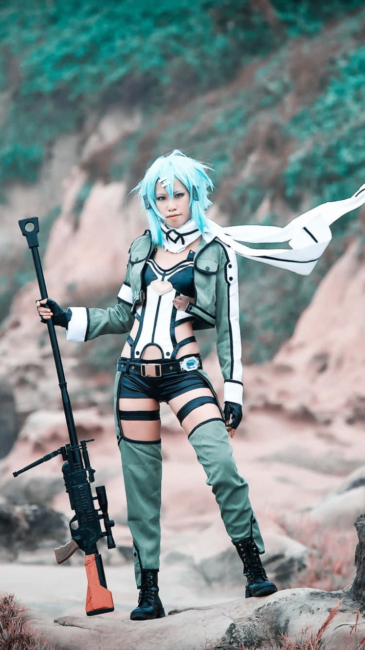 blue haired anime cosplayer, rifle, futuristic gear, HD Phone Wallpaper