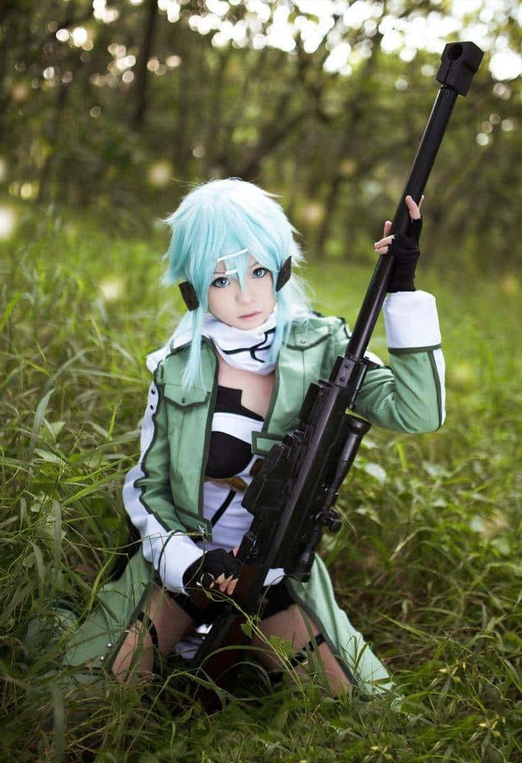 turquoise hair, green jacket, rifle, SD Phone Wallpaper