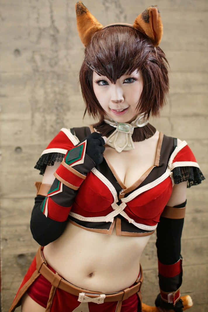 fox ears, red and black outfit, cosplayer, SD Phone Wallpaper
