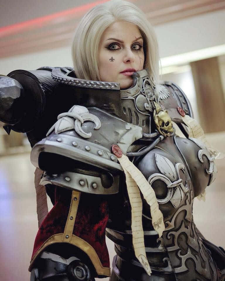 silver and red fantasy armor, skull and fleur-de-lis details, cosplayer, SD Phone Wallpaper