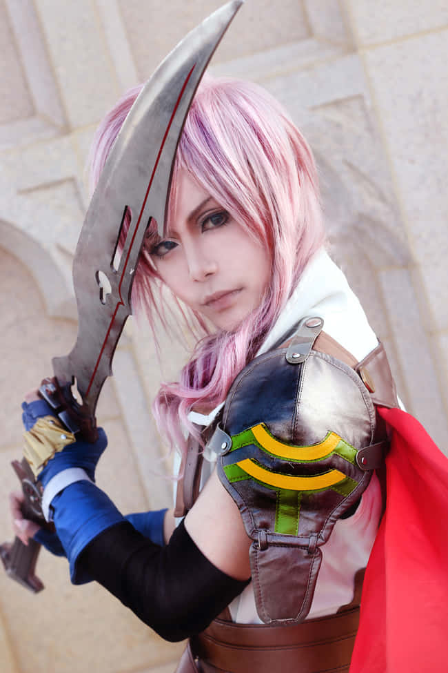fantasy warrior cosplay, pink hair, large curved sword, SD Phone Wallpaper