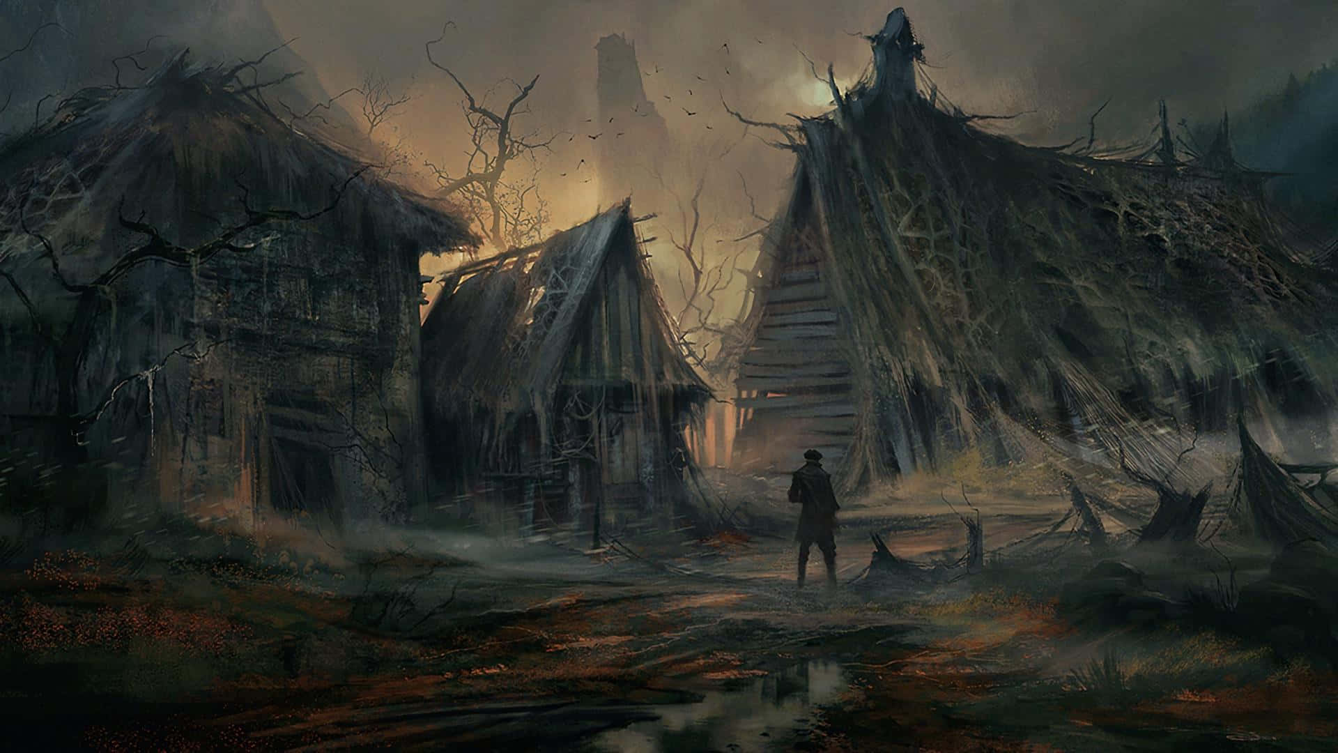 fantasy realms, haunted village, crumbling huts, Full HD Desktop Wallpaper
