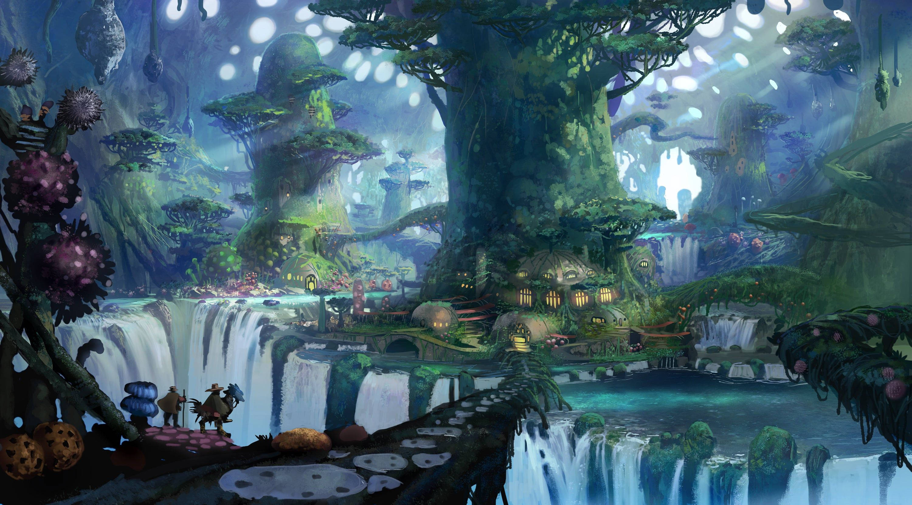 whimsical fantasy forest, giant trees, cascading waterfalls, 2K Desktop Wallpaper