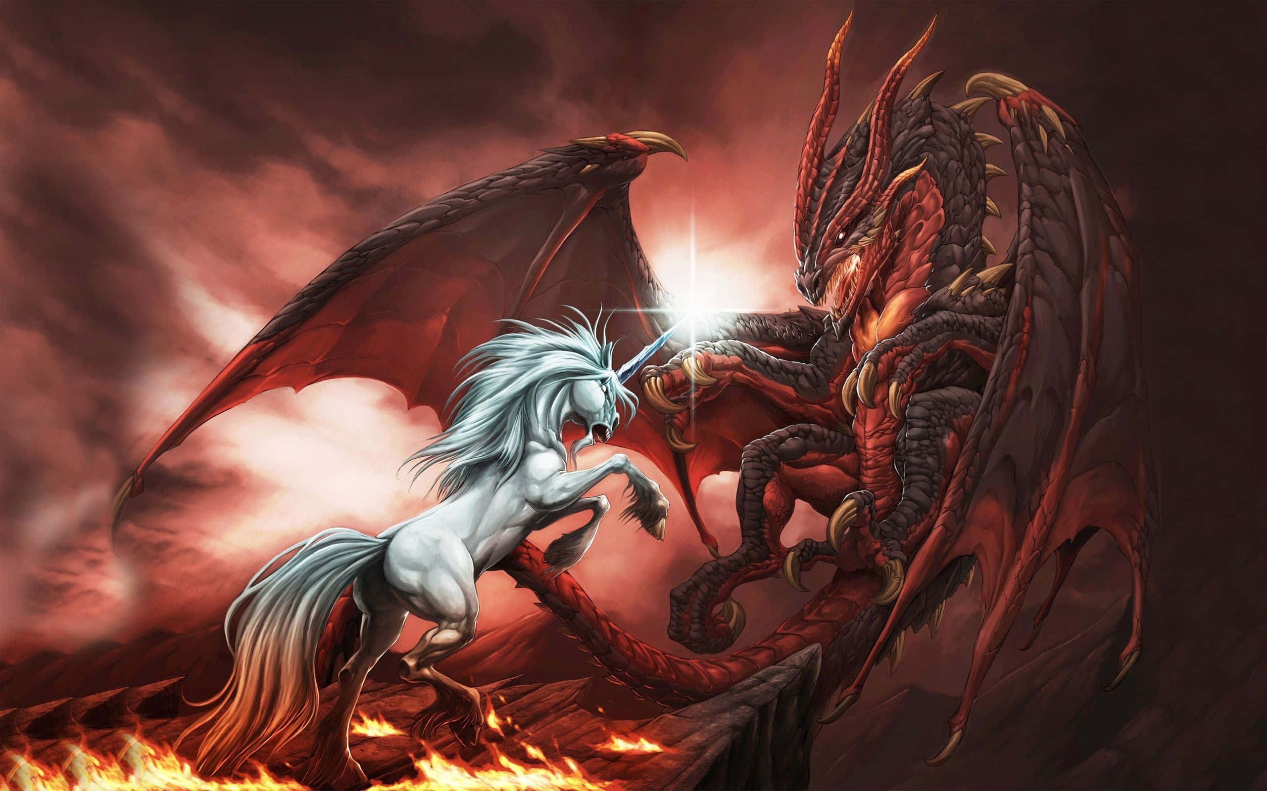 white unicorn, glowing horn, massive red dragon, 2K Desktop Wallpaper