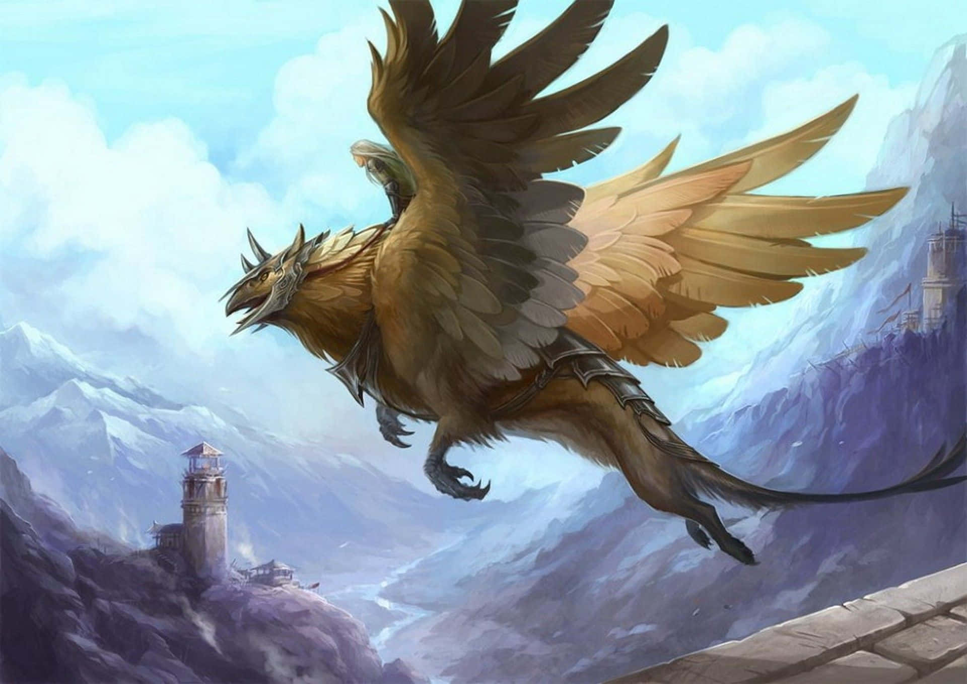 majestic griffin, golden griffin, snowcapped mountains, Full HD Desktop Wallpaper