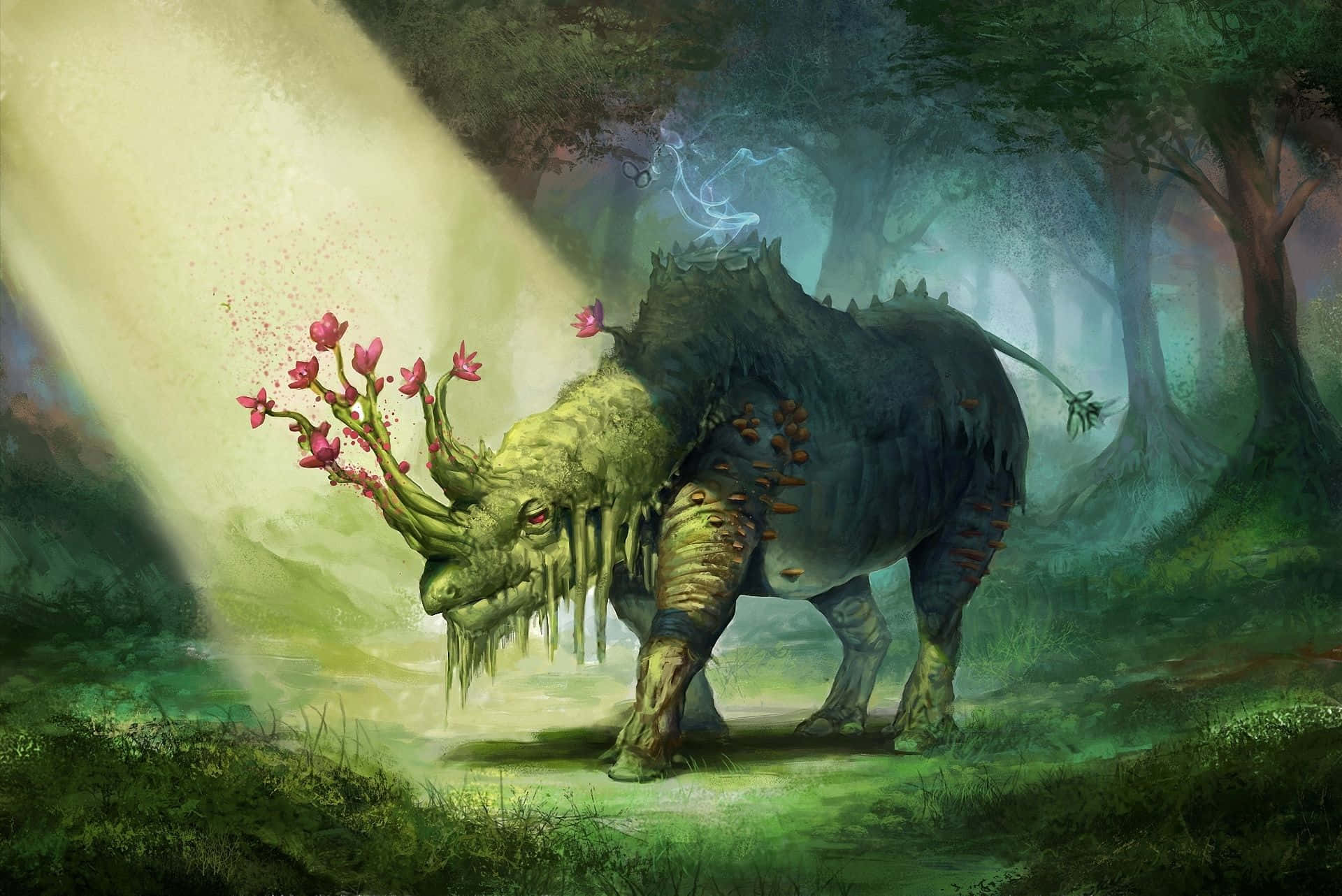 enchanted forest guardian, mythical beast, mossy horn blooming pink flowers, Full HD Desktop Wallpaper