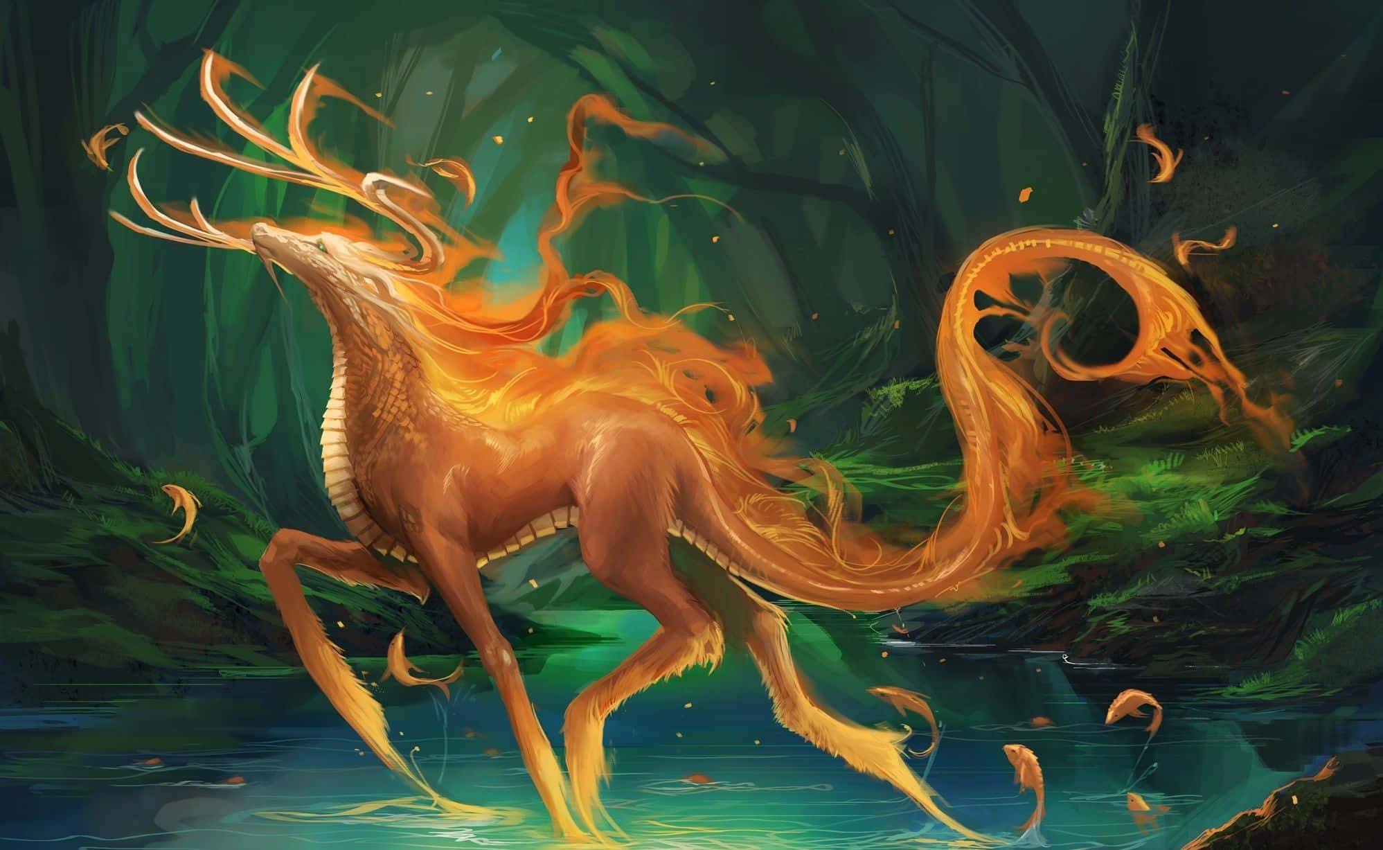 mystical fire deer, fiery golden deer, glowing antlers, Full HD Desktop Wallpaper