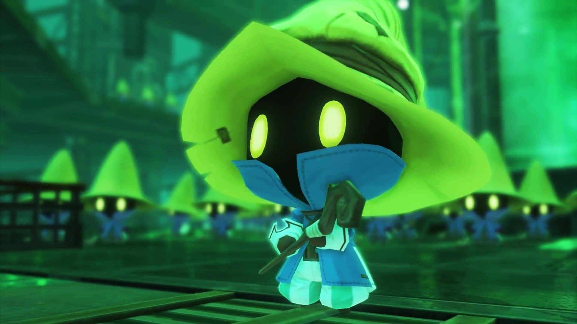 mystical green hat creature, glowing green hooded figure, yellow eyes, Full HD Desktop Wallpaper