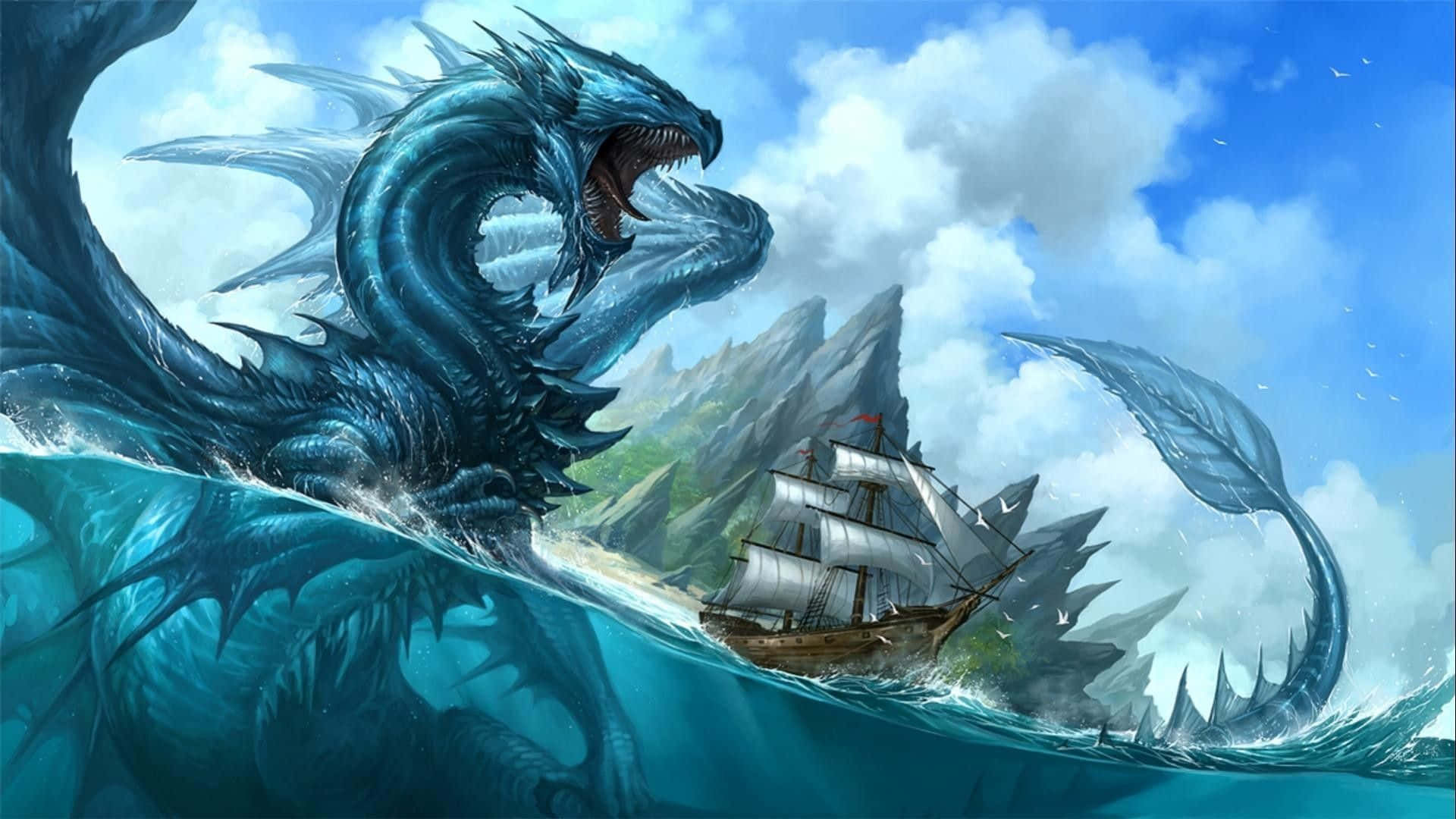 sea dragon, sailing ship, jagged cliffs, Full HD Desktop Wallpaper
