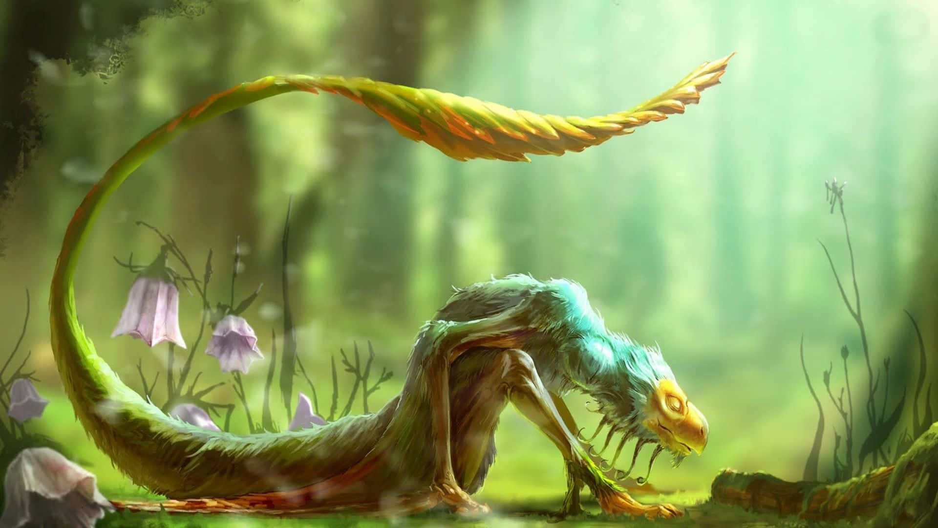 mystical forest dragon, whimsical forest creature, long leafy tail, Full HD Desktop Wallpaper